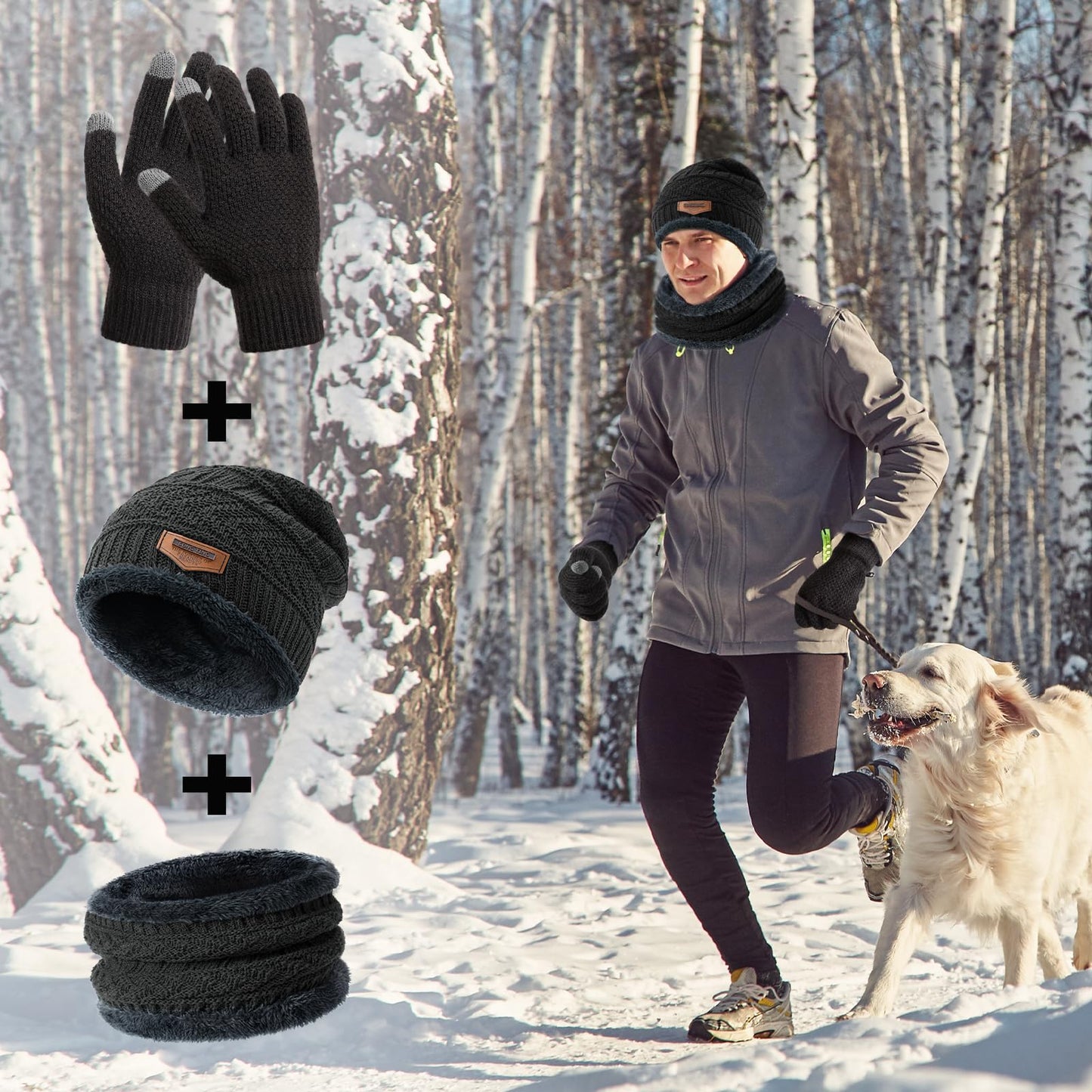 Winter Hat Beanie Circle Scarves Touchscreen Gloves Set, Warm Clothes Set with Knit Fleece Lined Skull Cap Gloves Neck Warmer for Men Women, Dark Grey