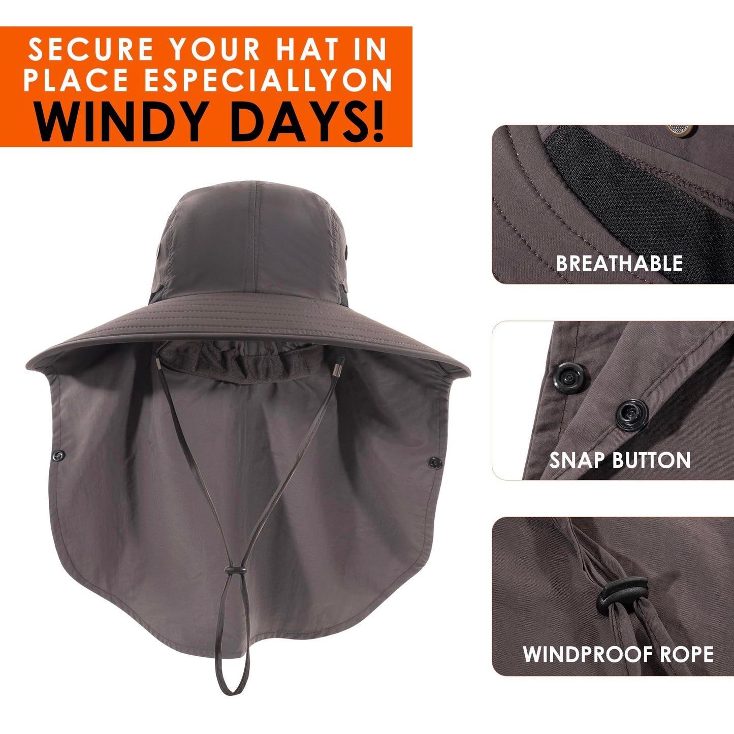 HEEHIPOO Mens Women Fishing Hat UPF 50+ Wide Brim Sun Hat with Face Cover & Neck Flap Dark Gray
