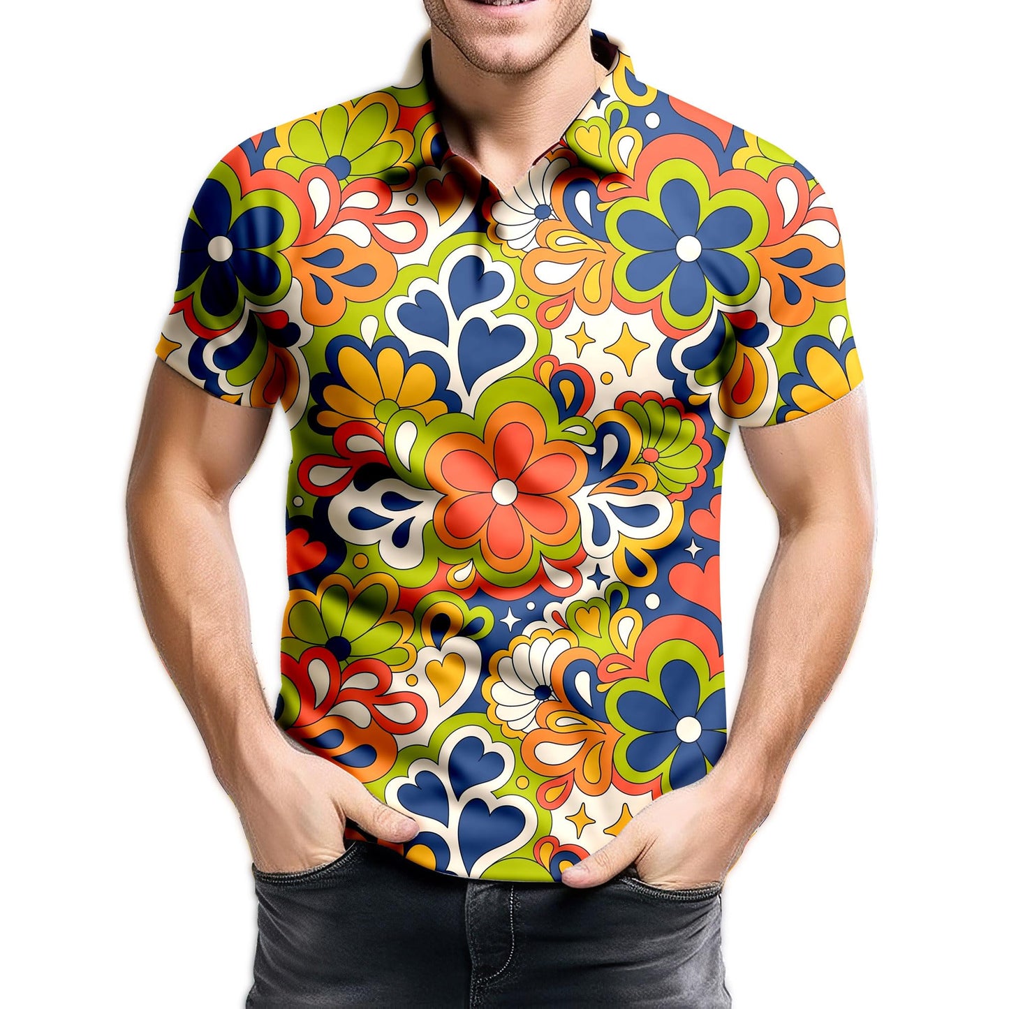 VUGOTU Hippie 70s Men Golf Shirts for Men,Hippie Shirts Psychedelic Shirt Short Sleeve,Mens 70s Shirt 70s Outfits