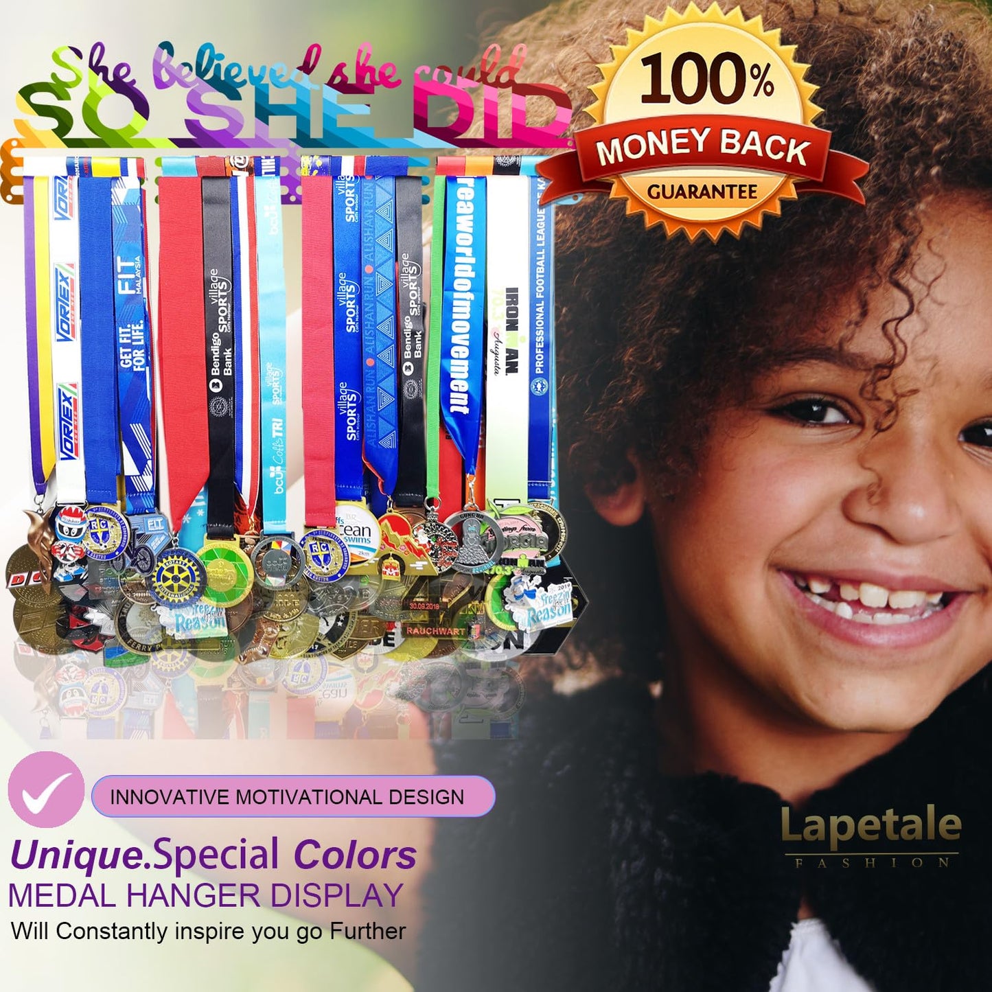 Lapetale Fashion Medal Hanger Holder Display Wall Rack Frame Shelf in 16" long-Medal Hanger Awards Ribbon Cheer,gymnastics,soccer,softball Holder Display Custom Rack for Sports Medals Easy to Install