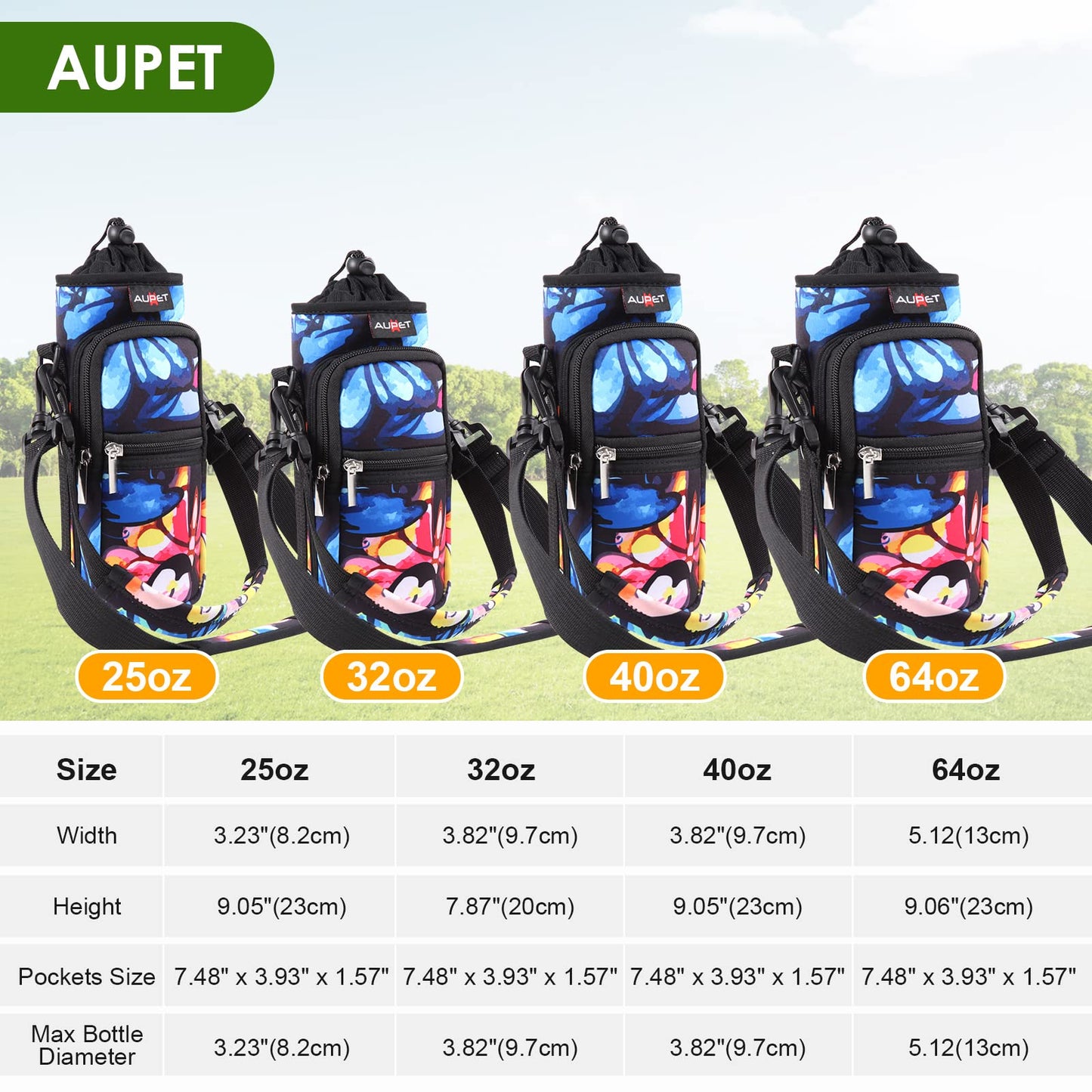AUPET Water Bottle Sling Bag Sleeve Holder Carrier 25/32/40/64 oz,Insulated Crossbody Water Bottle Case Cover with Strap and Pockets for Men/Women Walking Hiking Camping (25oz, colorful butterfly)