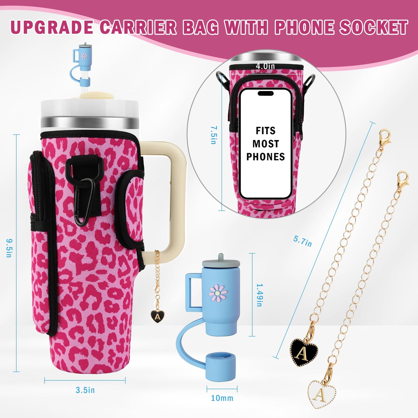 Water Bottle Carrier Bag with Strap for Stanley Cup 40oz Tumbler with Phone Pocket, Keychain Accessories for Stanley Cup Handle, Women Personalized Accessories for Stanley Cup