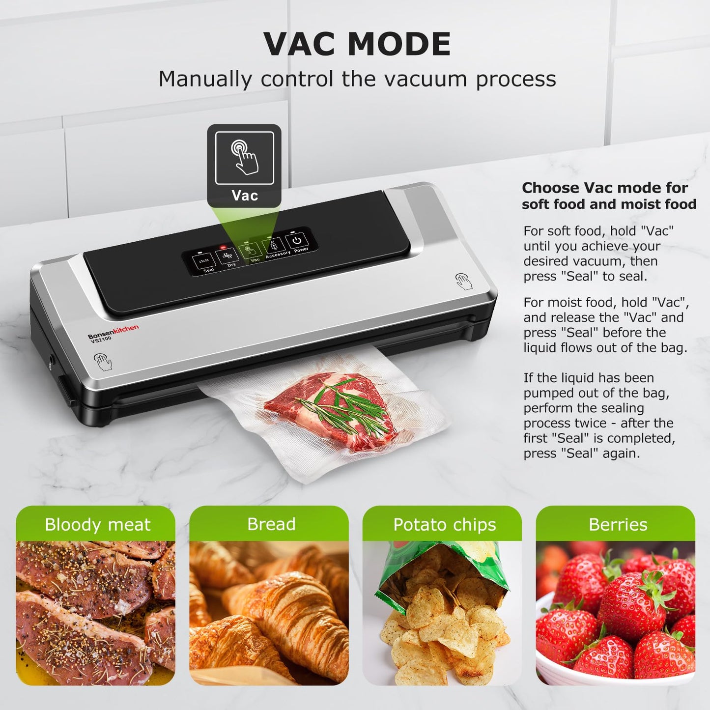 Bonsenkitchen Vacuum Sealer Machine, Fast-Compact Food Sealer, Globefish Technology for High-Speed Continuous Working, Multi-Functional Food Vacuum Sealer with 20 Vacuum Bags & 2 Roll Bags, Silver