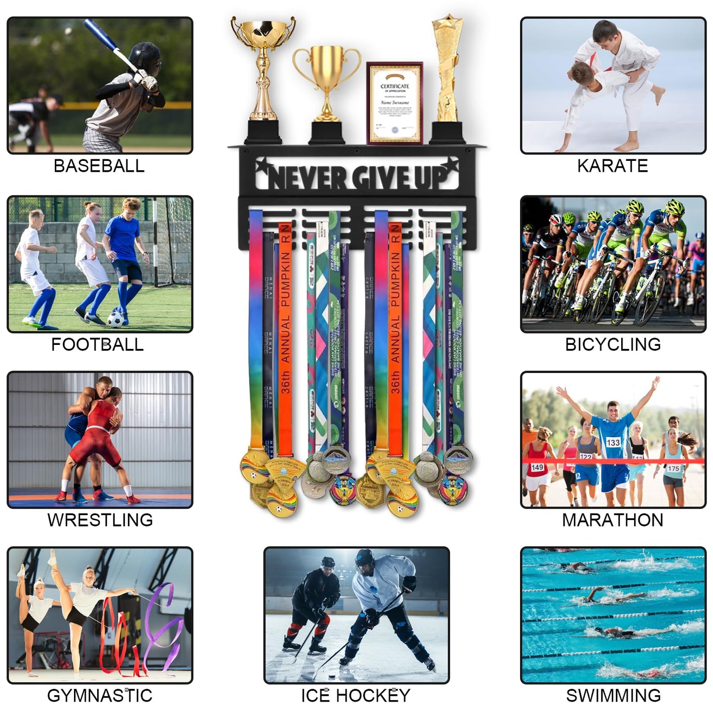 Takytao Medal Hanger Display with Trophy Shelf, Upgraded Sports Medal Holder Trophy Display Shelf Ribbon Holder Simple Wall Hanger with Motivational Words for Athletes and Youth