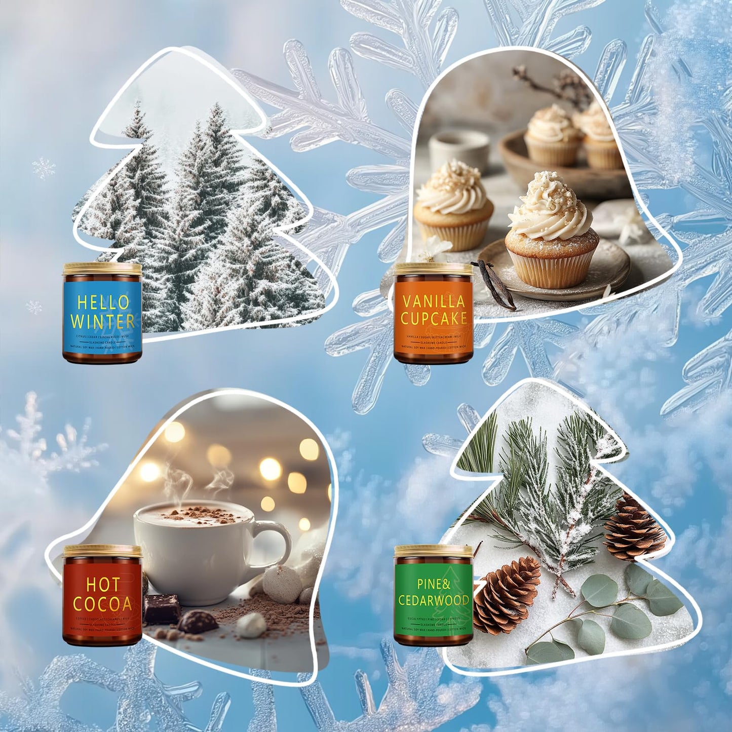 Winter Candle Set | 4 Pack Scented Candles for Home | Holiday Gifts for Women Men | Soy Candles for Home Scented | Christmas Scents of Hello Winter/Pine&Cedarwood/Hot Cocoa/Vanilla Cupcake