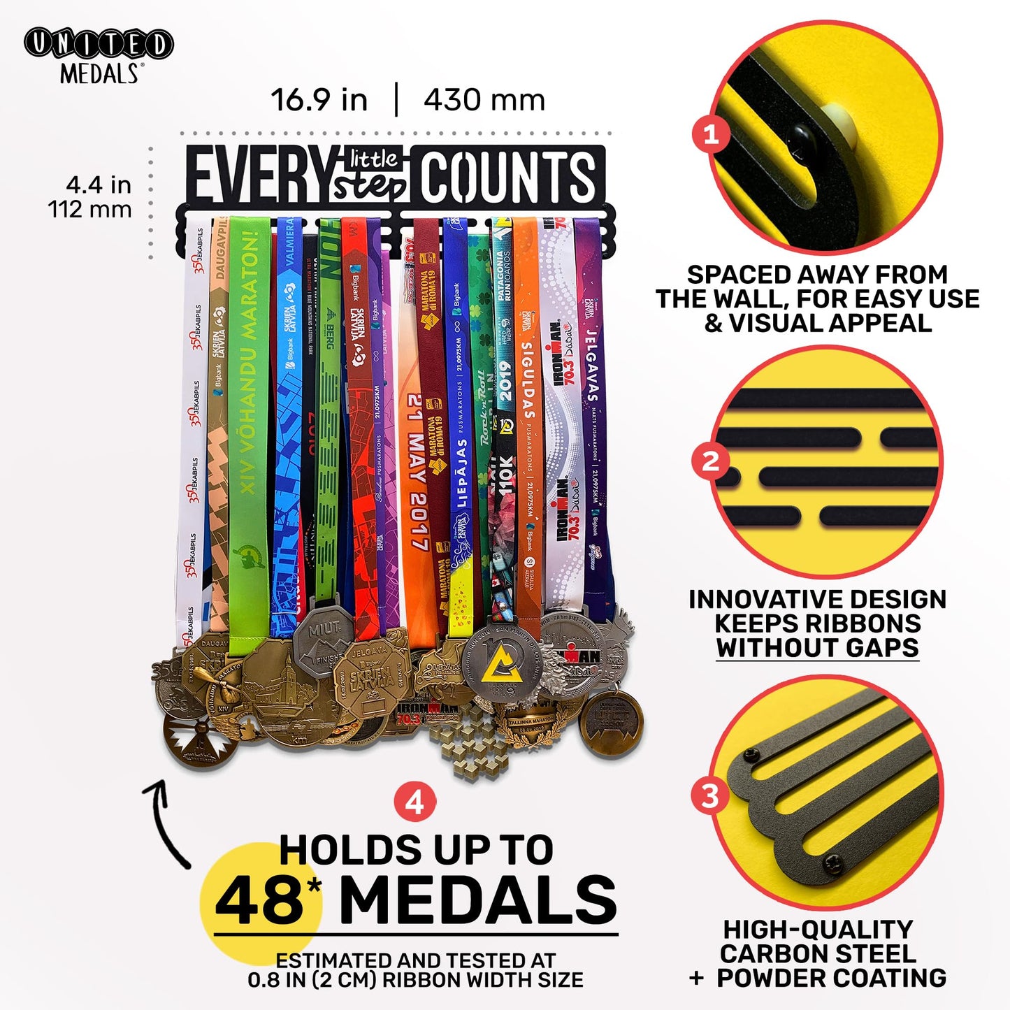Sports Medal Hanger Display Race Every Little Step Counts | Black Race Medal Holder Awards Wall Mount | Running Marathon Race Medal Display for Wall | Steel medal holder for wall holds up to 48 Medals