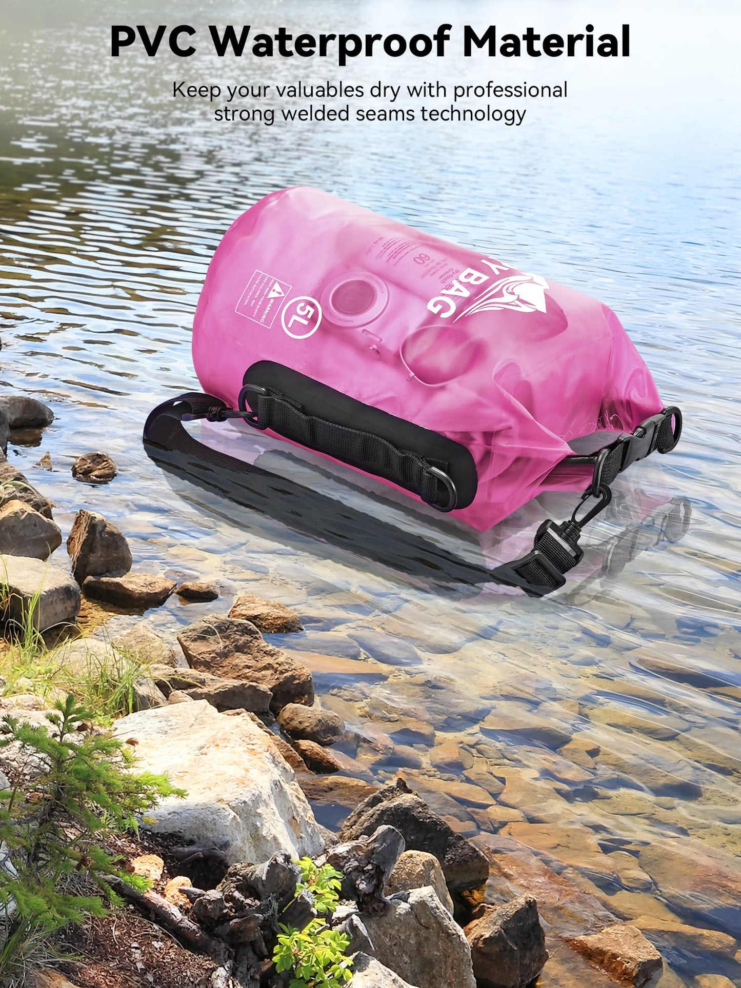 HEETA Waterproof Dry Bag for Women Men, Roll Top Lightweight Dry Storage Bag Backpack with Phone Case for Travel, Swimming, Boating, Kayaking, Camping and Beach, Transparent Rose Red 5L