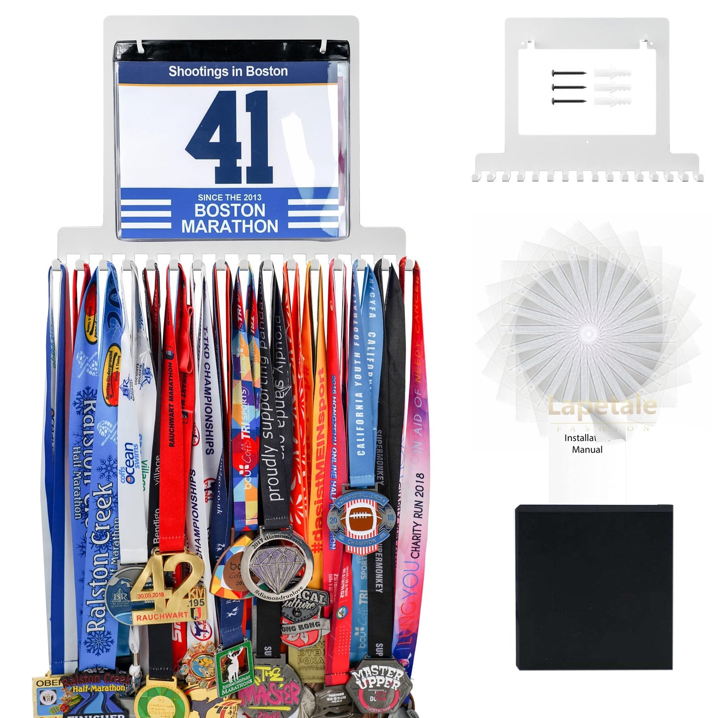 Lapetale Fashion BIB White Medal Hanger Holder Display Wall Rack Frame Shelf-Medal Hanger Awards Ribbon Cheer,Gymnastics,Soccer,Softball Holder Display Custom Rack for Sports Medals Easy to Install