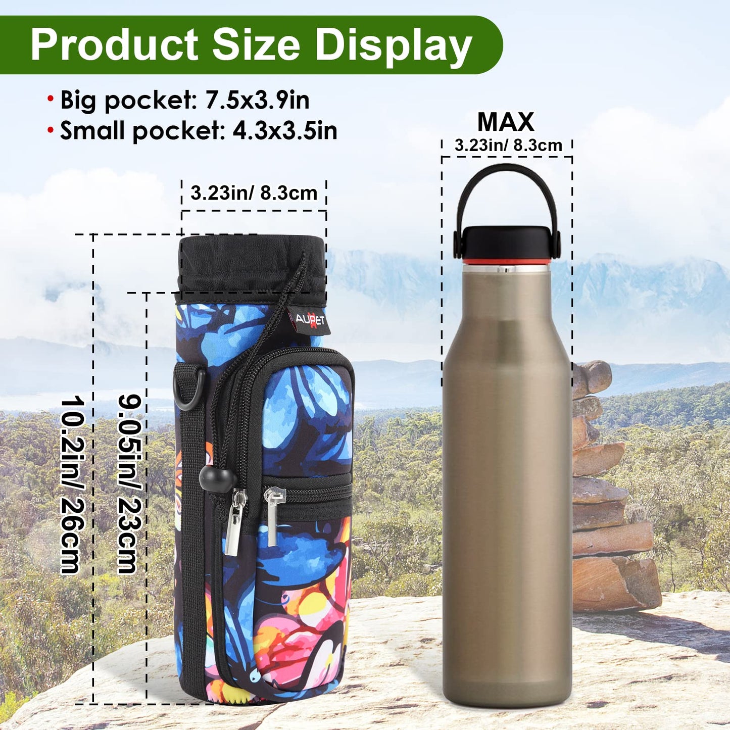 AUPET Water Bottle Sling Bag Sleeve Holder Carrier 25/32/40/64 oz,Insulated Crossbody Water Bottle Case Cover with Strap and Pockets for Men/Women Walking Hiking Camping (25oz, colorful butterfly)