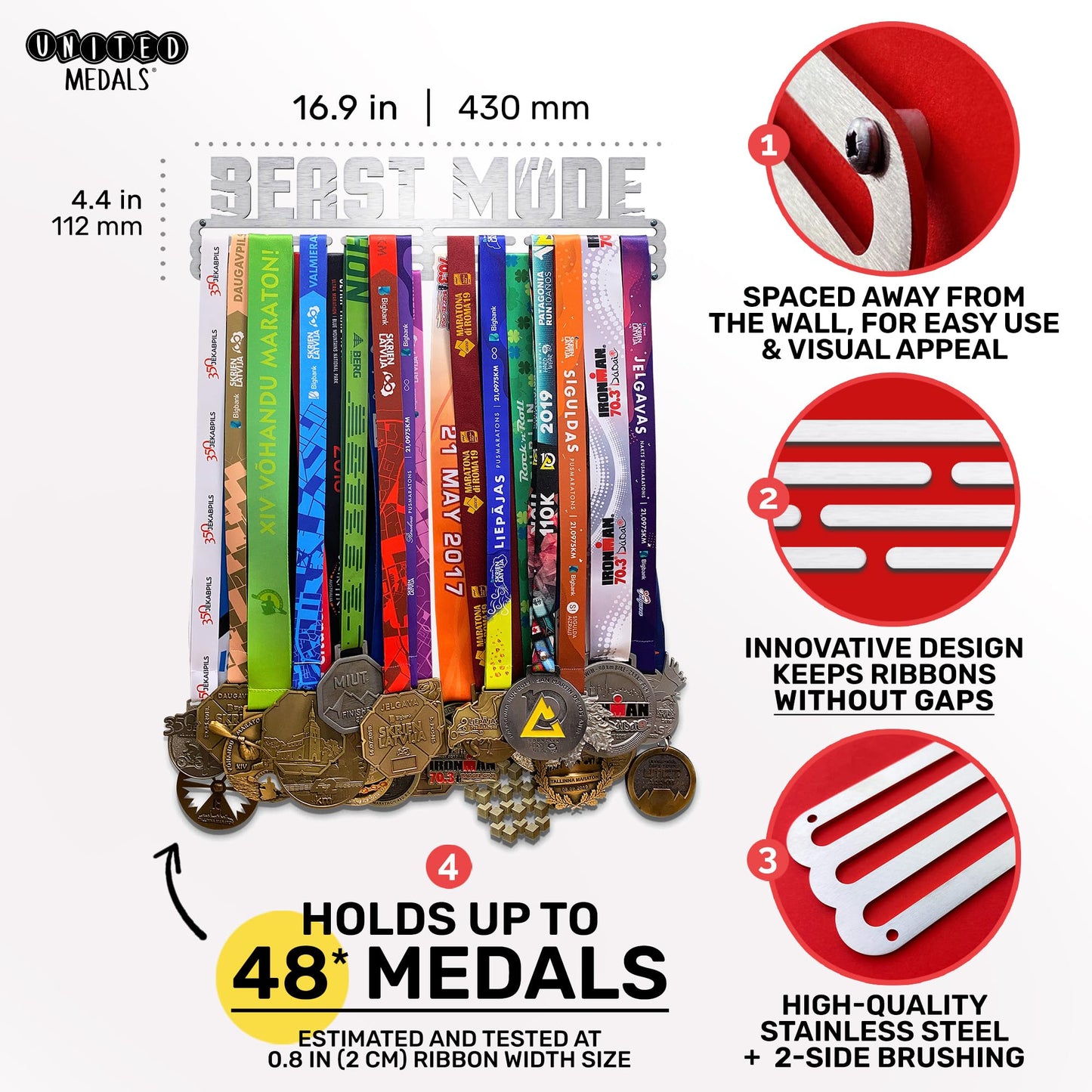 Sports Medal Hanger Display Race BEAST MODE | Brushed steel Race Medal Holder Awards Wall Mount | Running Marathon Race Medal Display for Wall | Steel medal holder for wall holds up to 48 Medals