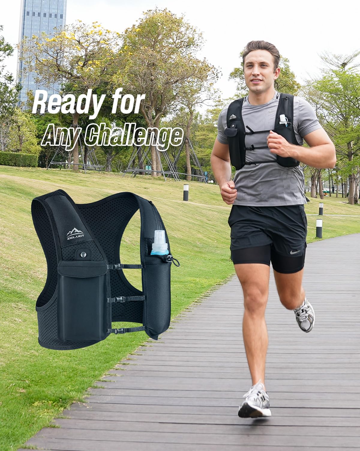 Zelvot Running Vest for Women Men, USA Original Patent, Adjustable Chest Straps Running Hydration Vest with 500ml Soft Flask, Lightweight Breathable Reflective Running Vest for Trail Running - M/L