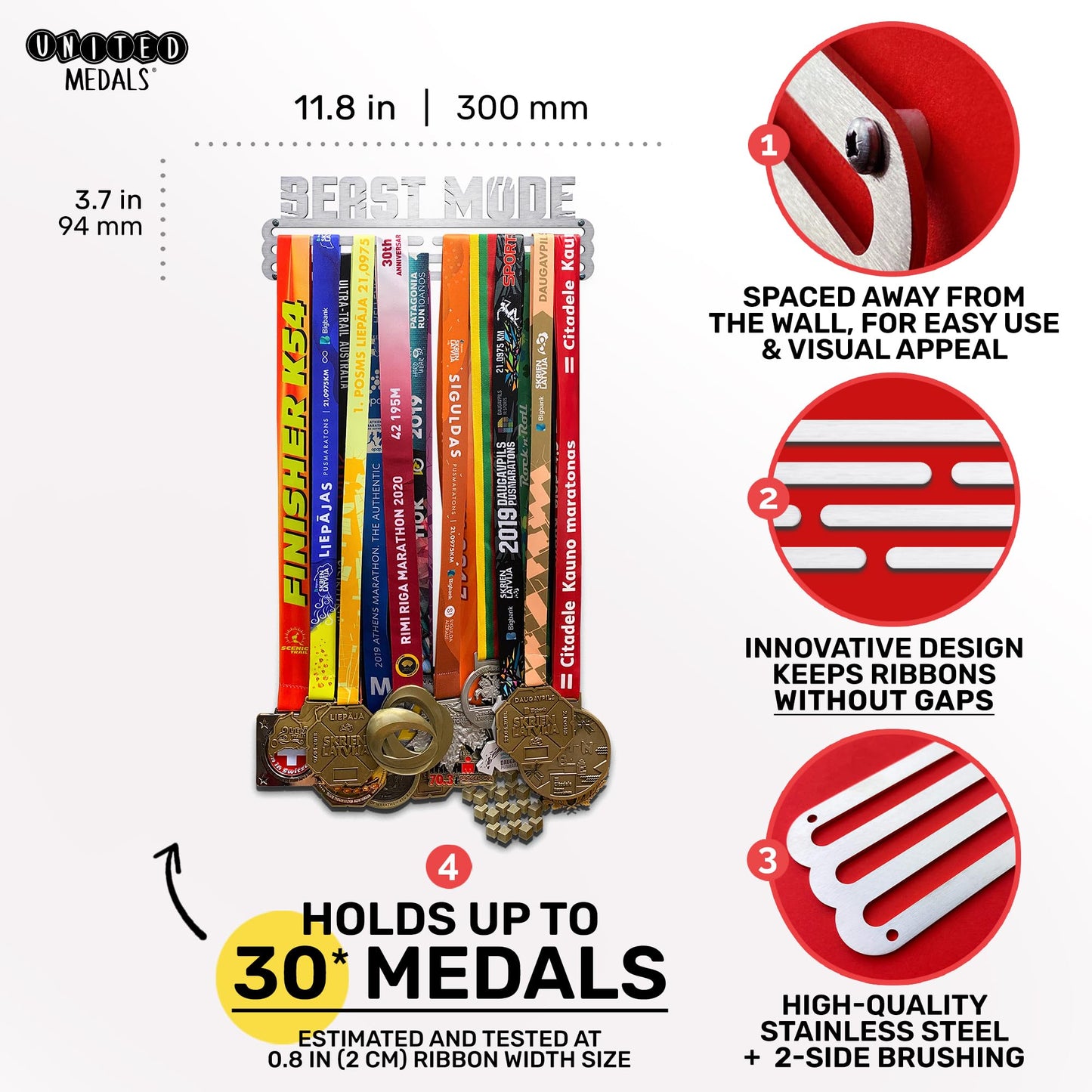 Sports Medal Hanger Display Race BEAST MODE | Brushed steel Race Medal Holder Awards Wall Mount | Running Marathon Race Medal Display for Wall | Steel medal holder for wall holds up to 30 Medals