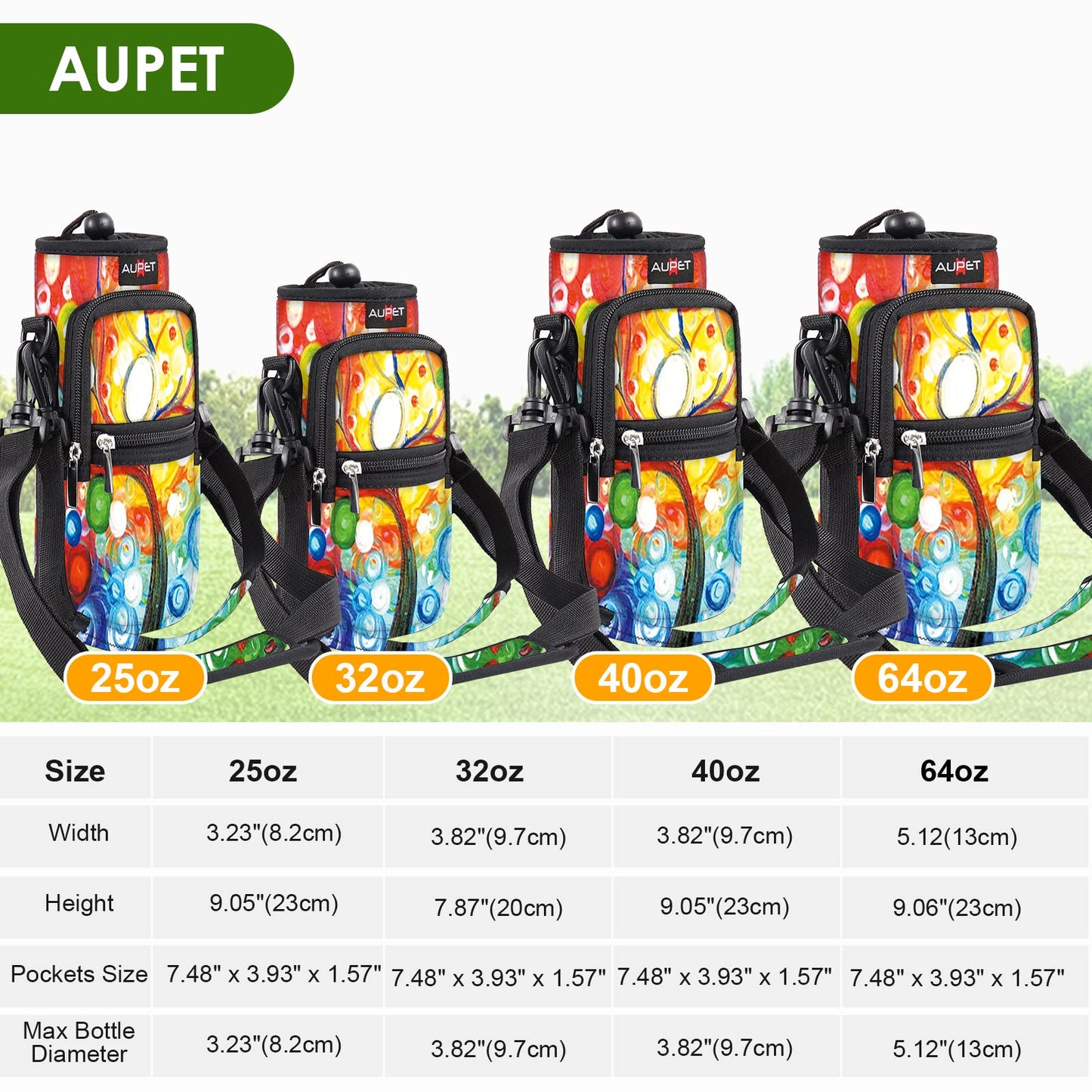AUPET Water Bottle Sling Bag Sleeve Holder Carrier 25/32/40/64 oz,Insulated Crossbody Water Bottle Case Cover with Strap and Pockets for Men/Women Walking Hiking Camping (25oz, colorful tree)