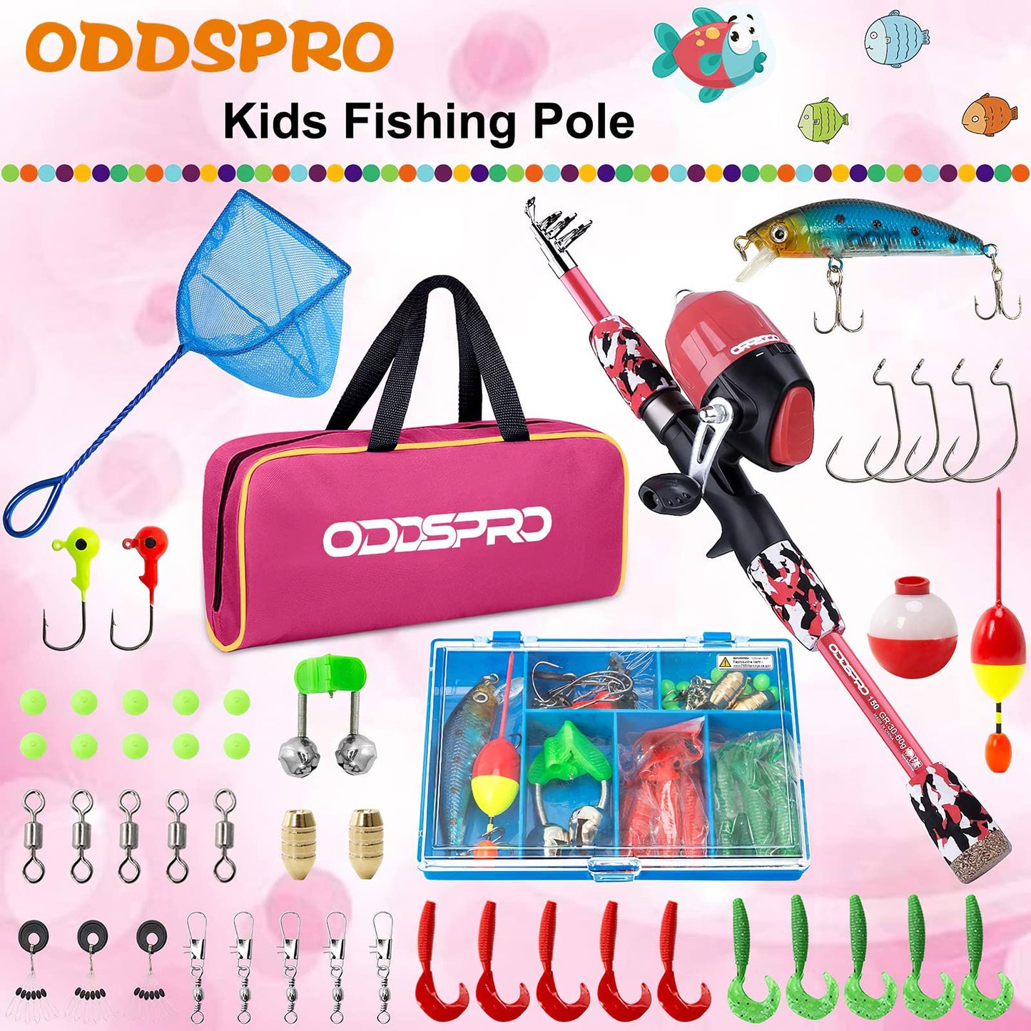 ODDSPRO Kids Fishing Pole - Kids Fishing Starter Kit - with Tackle Box, Reel, Practice Plug, Beginner's Guide and Travel Bag for Boys, Girls