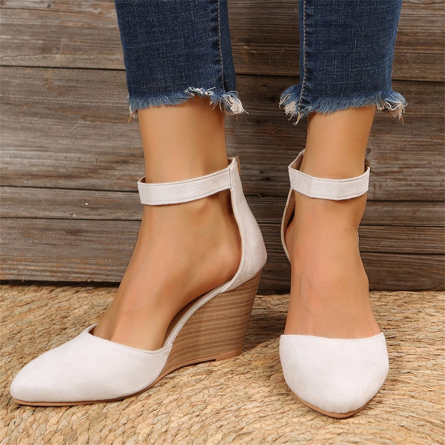 Women's Close Toe Espadrilles Wedge Sandals, Comfort Strappy Platform Slides Sandals Comfy Walking with Arch Support 02_Beige, 42