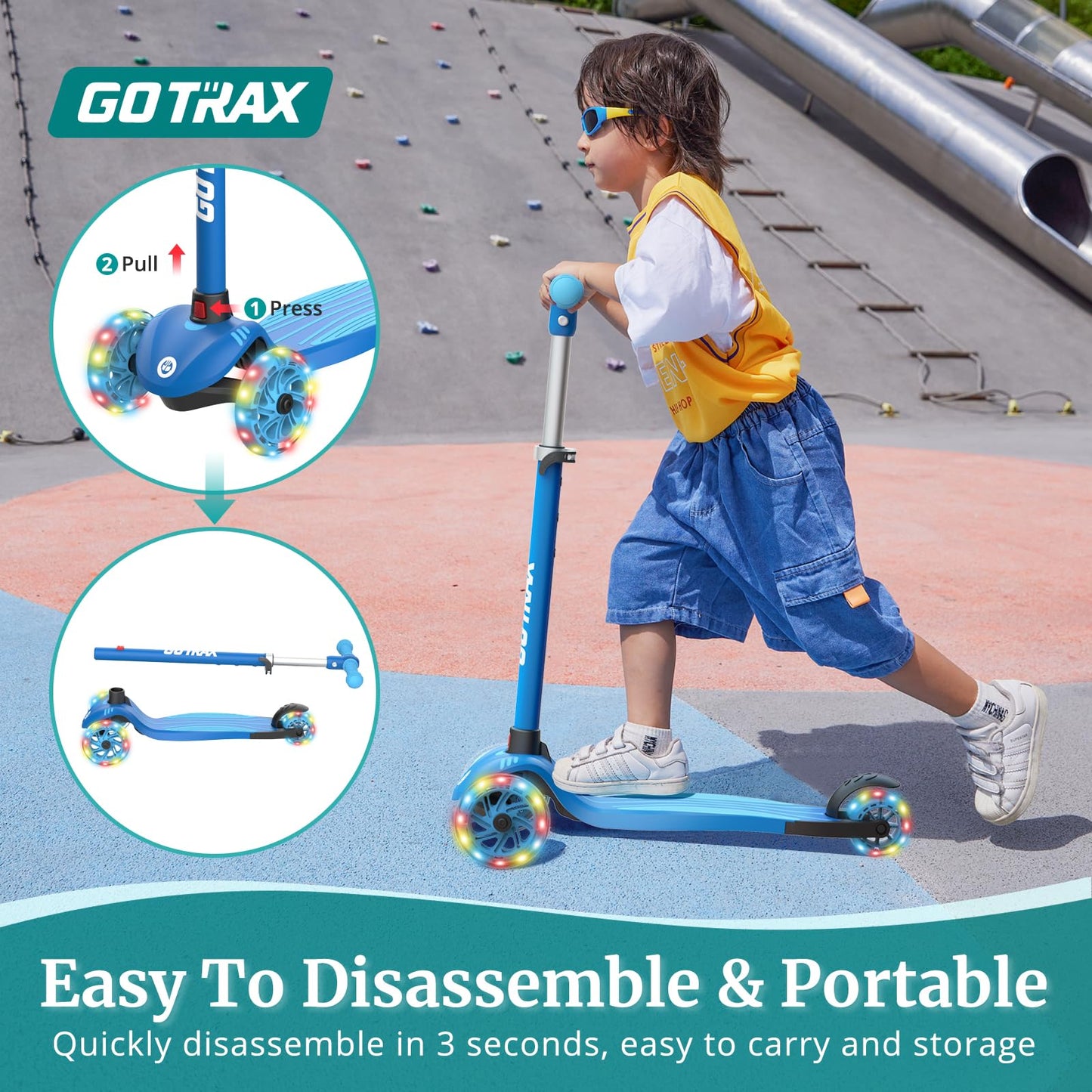 Gotrax KS1 Kids Kick Scooter, LED Lighted Wheels and 3 Adjustable Height Handlebars, Lean-to-Steer & Widen Anti-Slip Deck, 3 Wheel Scooter for Boys & Girls Ages 2-8 and up to 100 Lbs (Blue)