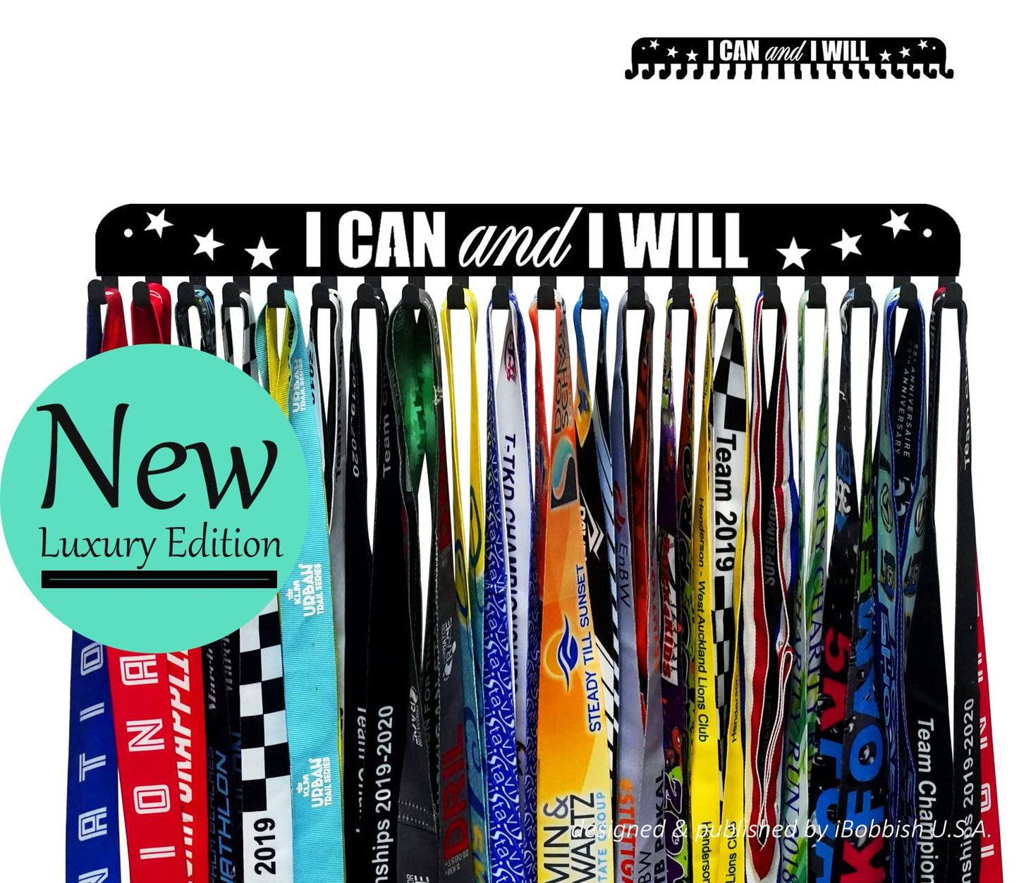 iBobbish I CAN & I Will Sports Marathon Medal Display Hanger Holder Racks Frame in matt Black Surface Wall Mount Over 40 Medals Upgraded Medal Rack Hooks Easy to Install Easy to use