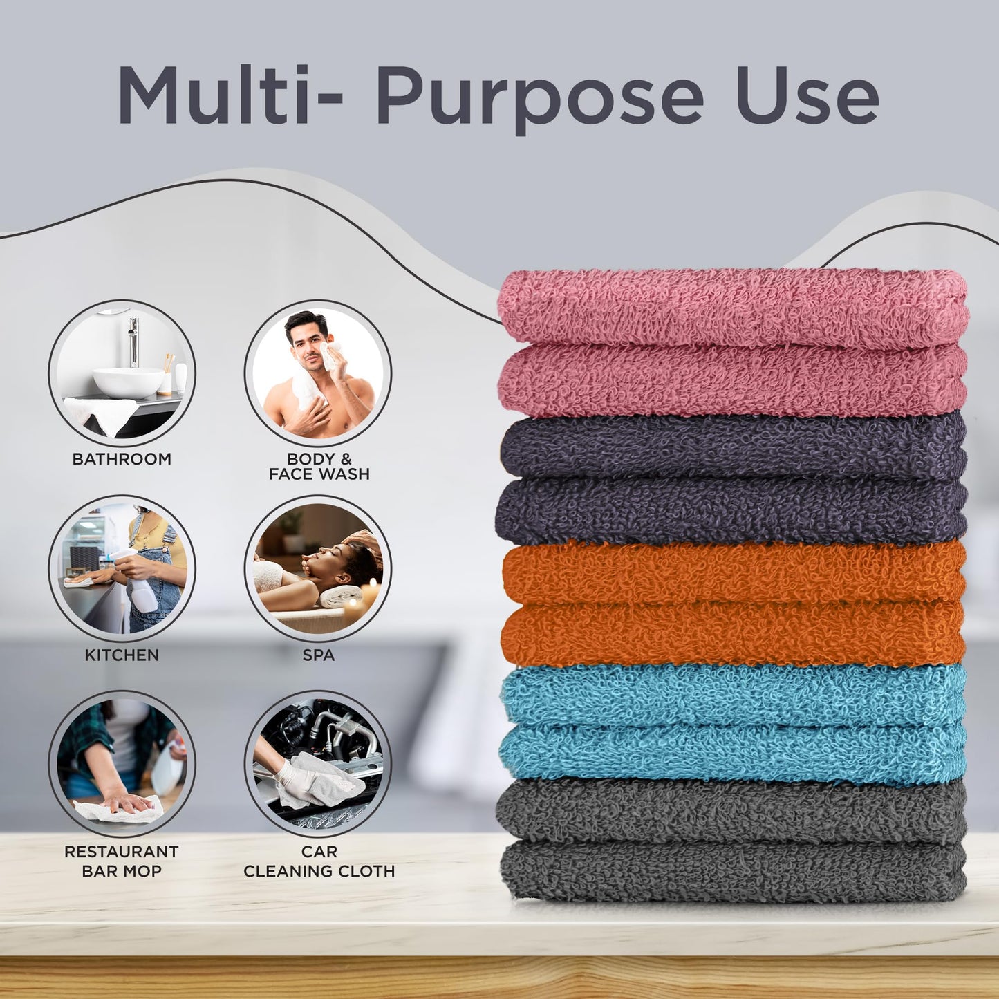 DecorRack 10 Pack 100% Cotton Wash Cloth, Luxurious Soft, 12 x 12 inch Ultra Absorbent, Machine Washable Washcloths, Assorted Set 4 (10 Pack)