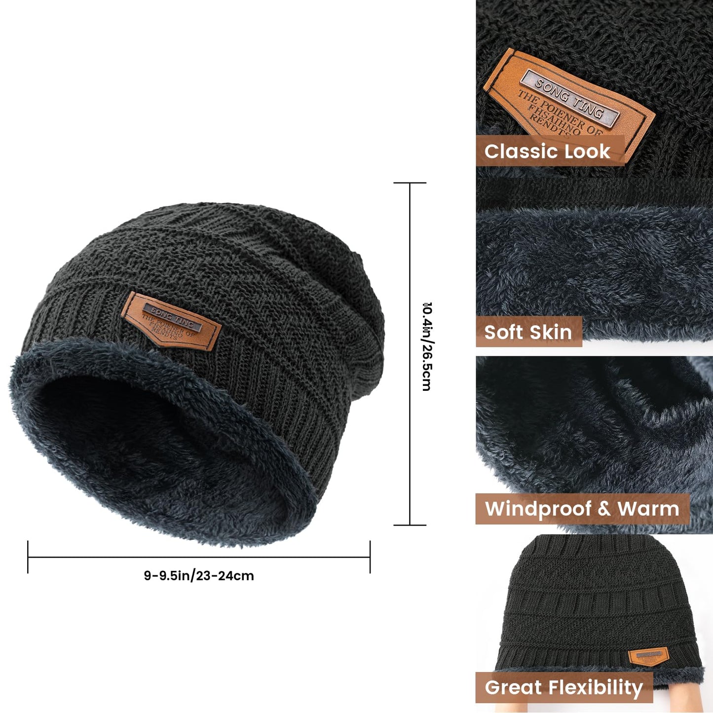 Winter Hat Beanie Circle Scarves Touchscreen Gloves Set, Warm Clothes Set with Knit Fleece Lined Skull Cap Gloves Neck Warmer for Men Women, Dark Grey