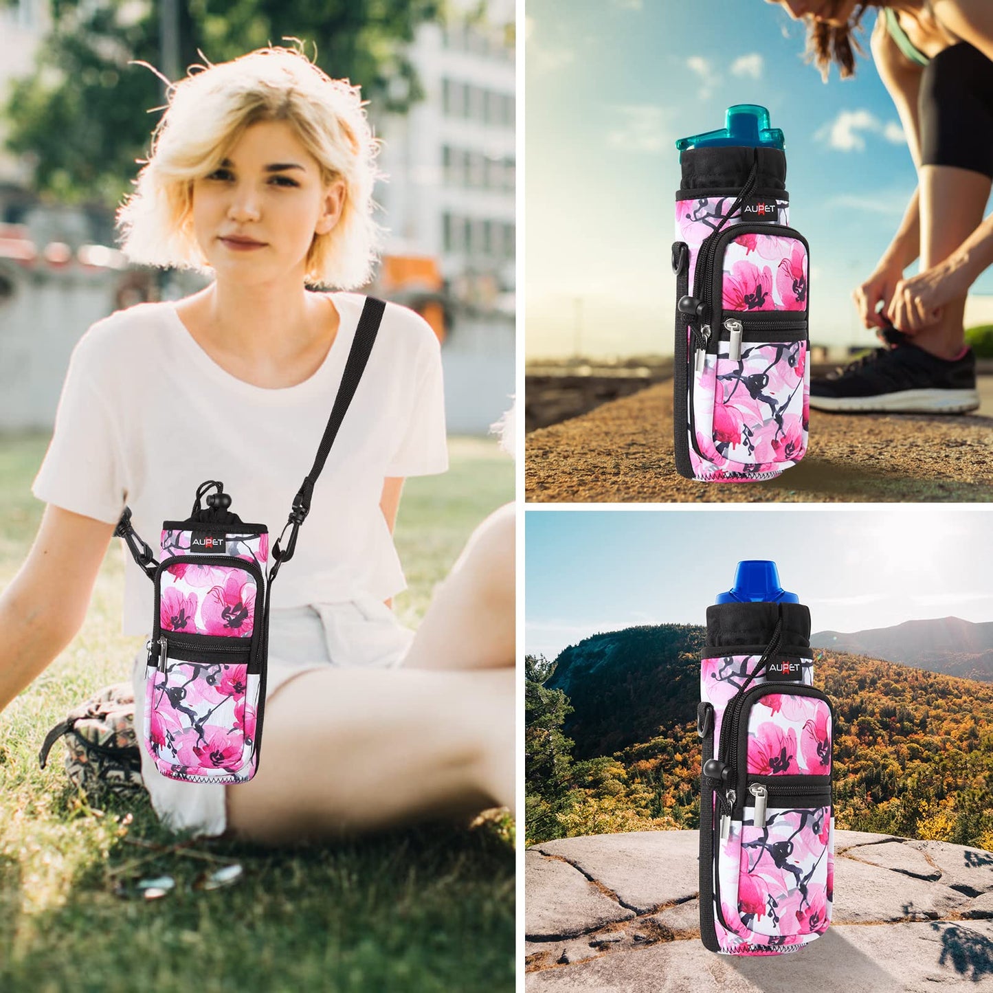 AUPET Water Bottle Sling Bag Sleeve Holder Carrier 25/32/40/64 oz,Insulated Crossbody Water Bottle Case Cover with Strap and Pockets for Men/Women Walking Hiking Camping (25oz, pink flower)