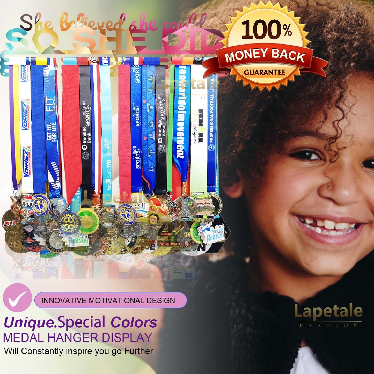Lapetale Fashion Medal Hanger Holder Display Wall Rack Frame Shelf in 16" long-Awards Ribbon Cheer,gymnastics,soccer,softball