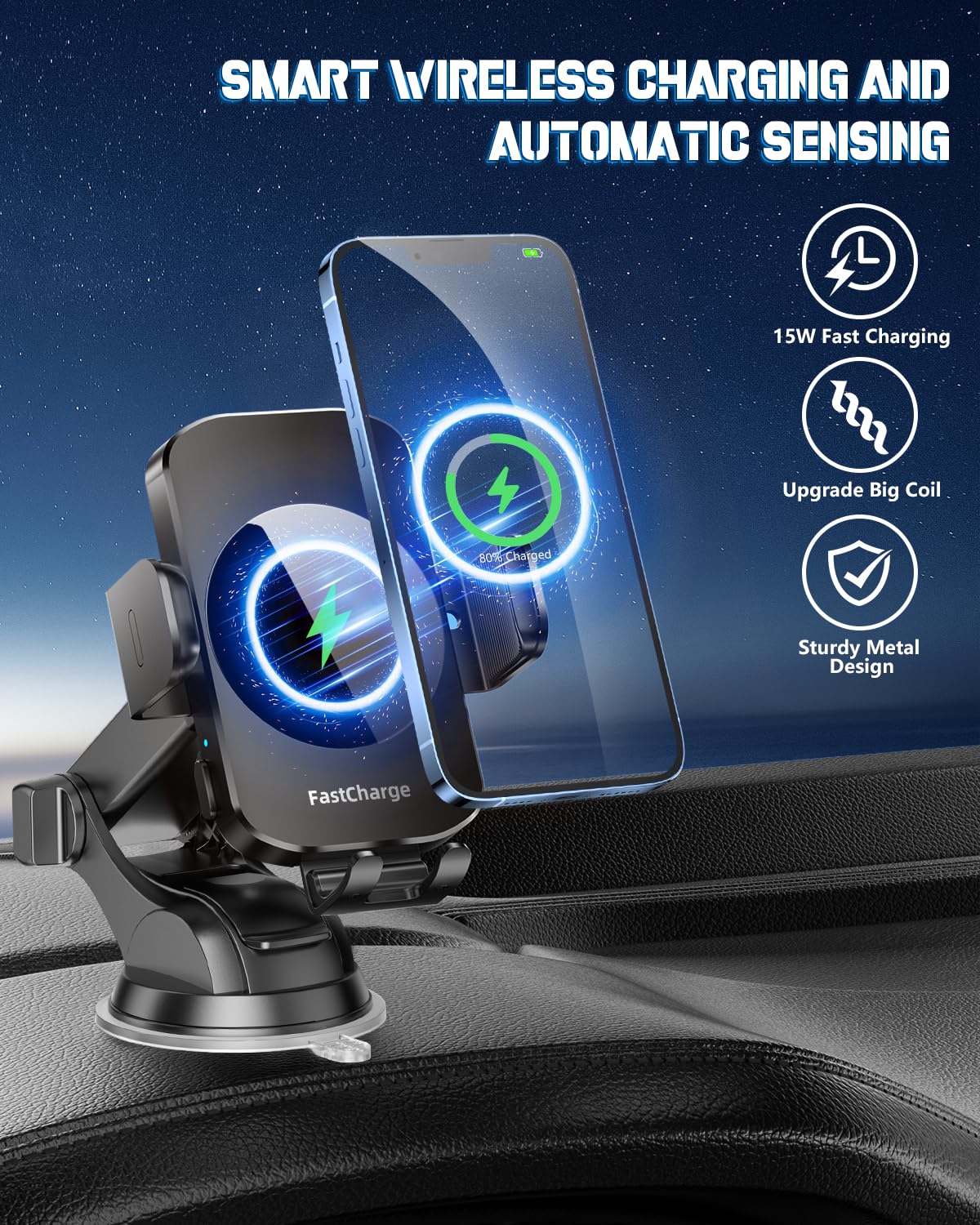 Wireless Car Charger, Fast Charging Phone Holder BothLin 3 in 1 Phone Mount Auto Clamping Car Accessories Compatible with iPhone 16 15 14 13 12 11 Xs XR, Samsung S23 Ultra S22 S21 S20/S10+ S9+ Note 9