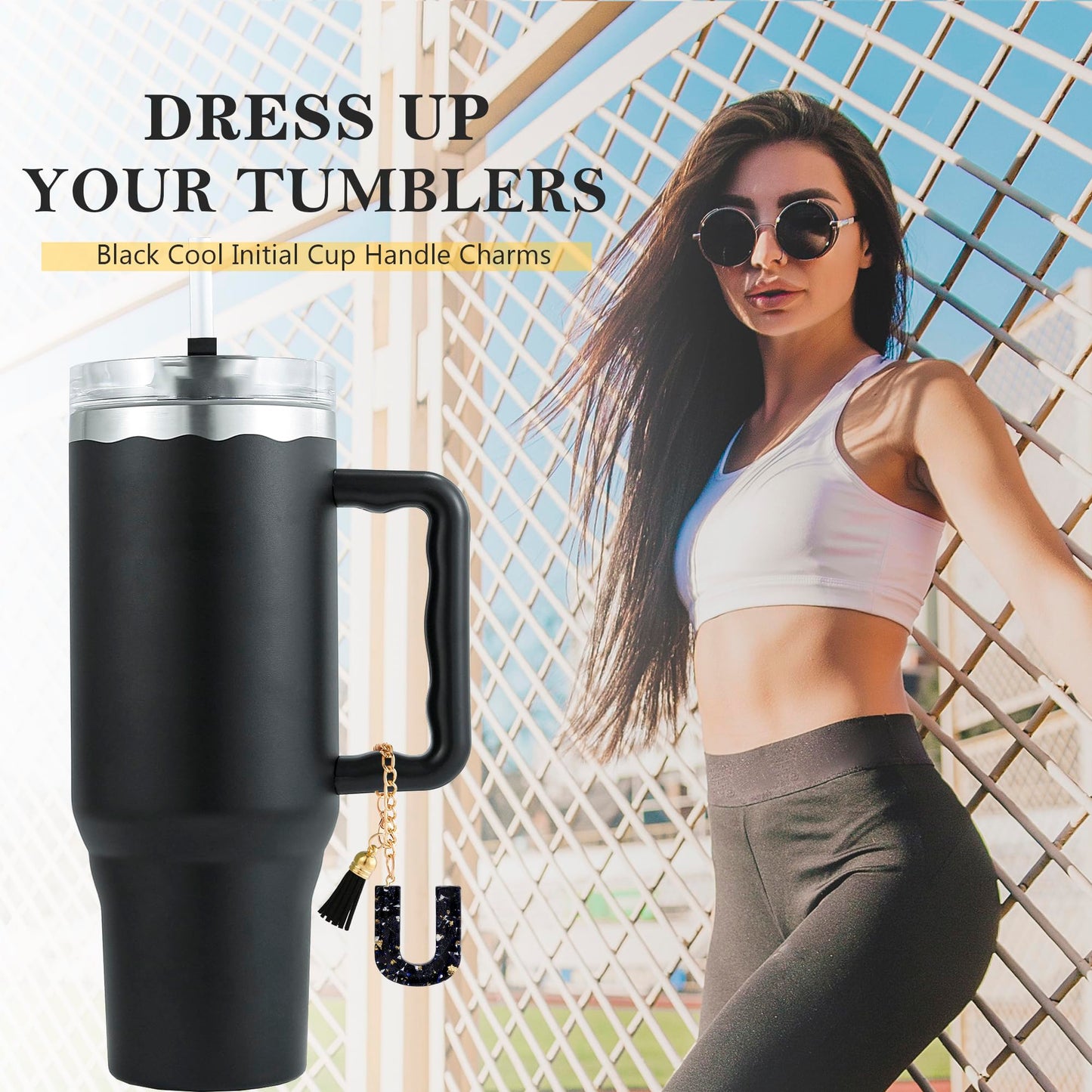 Letter Charm Accessories for Stanley Cup 1 PCS Cute Initial Keychain Handle Charm for Stanley Tumbler for Women Black Letter U