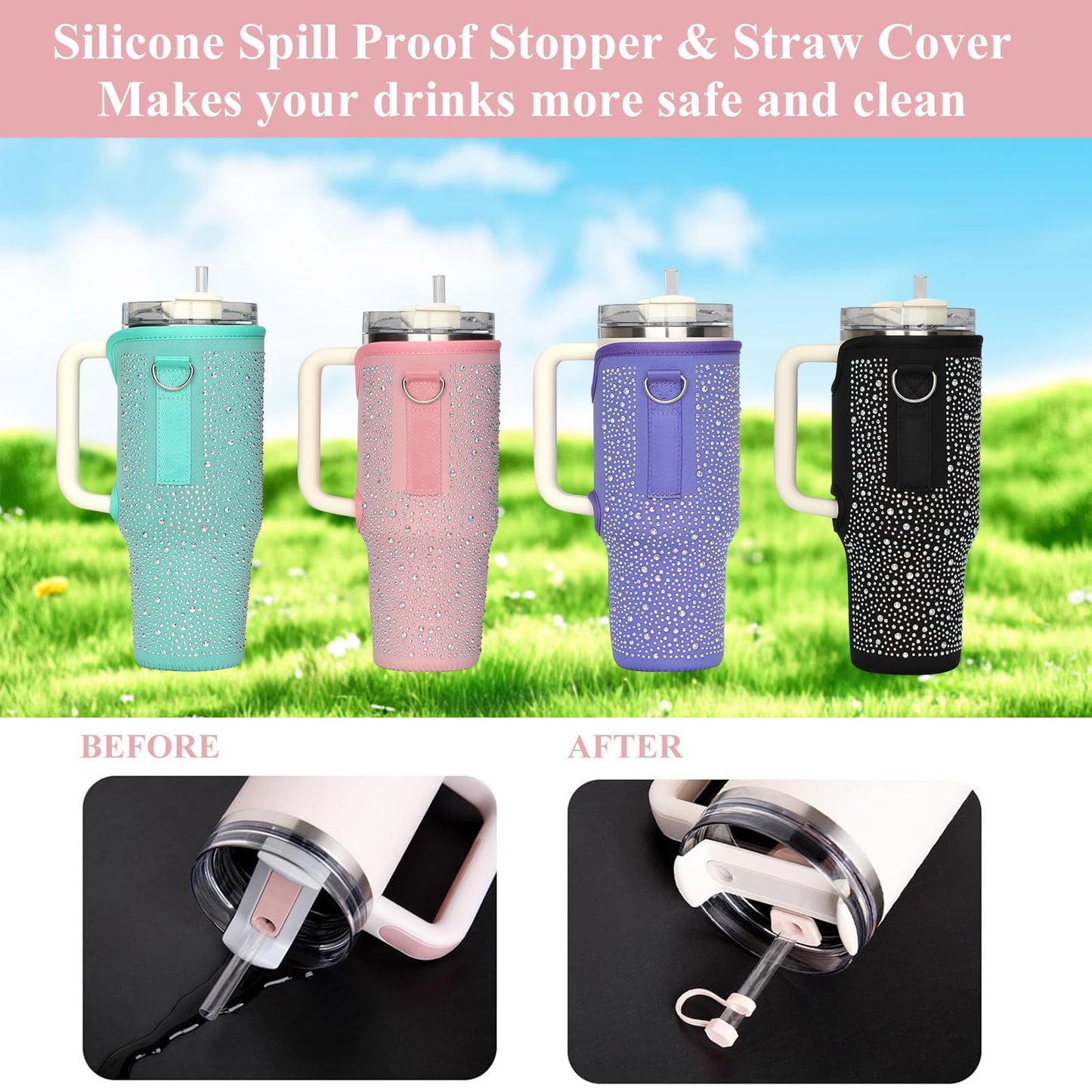 GOEWY Bling Water Bottle Carrier Bag for Stanley 40oz Tumbler Sparkling Rhinestone Water Bottle Holder with Adjustable Strap Neoprene Water Bottle Pouch for Stanley Cup Accessories