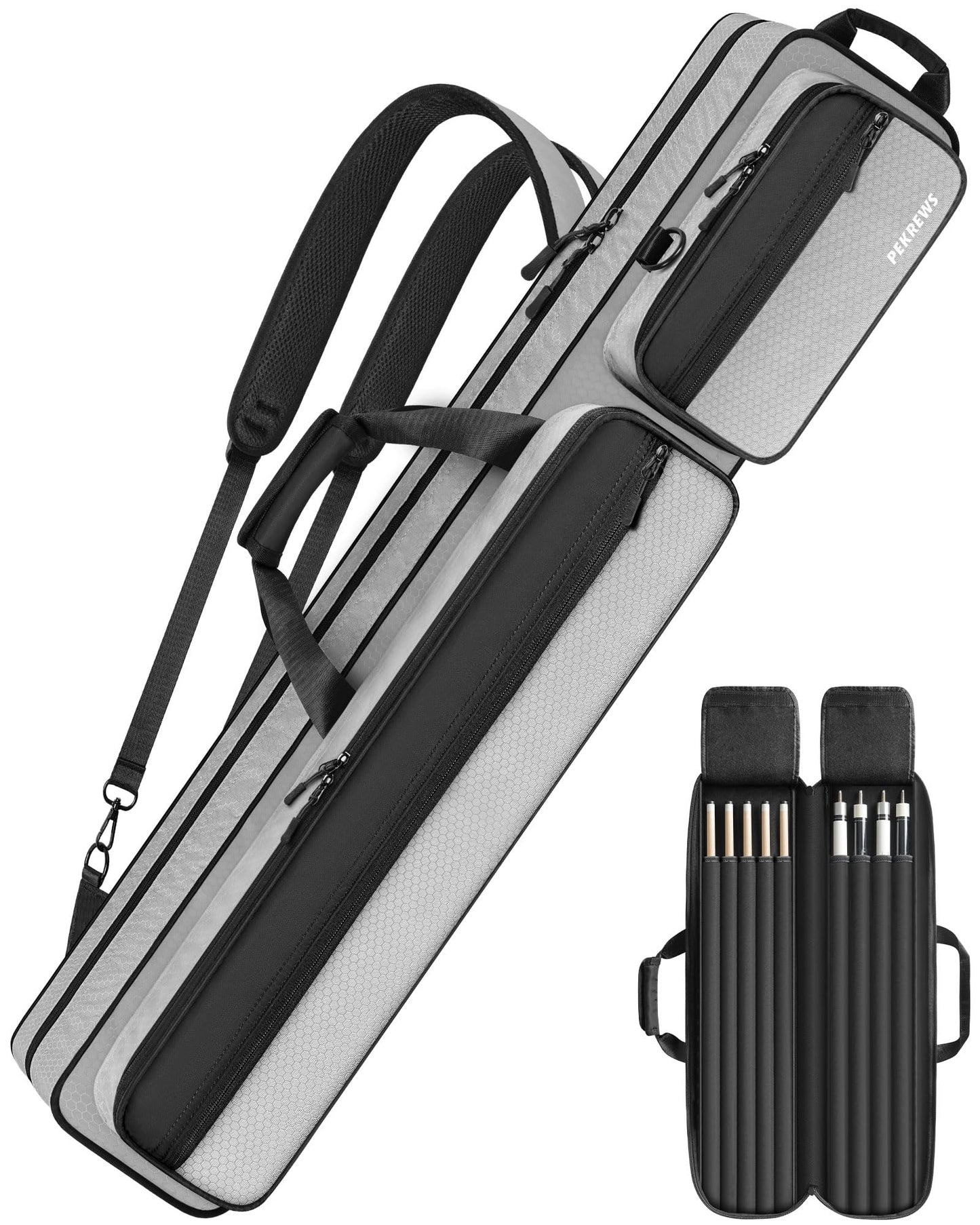 PEKREWS Pool Cue Case 4x5, Pool Stick Case with Multiple Pockets Holds 4 Butts 5 Shafts, Soft Padded Sturdy Pool Cue Bag, Billiard Cue Backpack with Adjustable Shoulder Straps for Men and Women