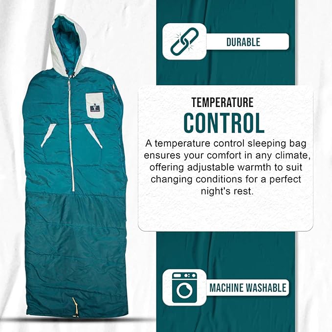 Thermotuff Wearable Sleeping Bag with Dual Hoodie, Zippered Arm Holes, Pockets & Adjustable Drawstring - Ideal for Camping, Cold Weather Hiking, and Stadium Sak Blanket