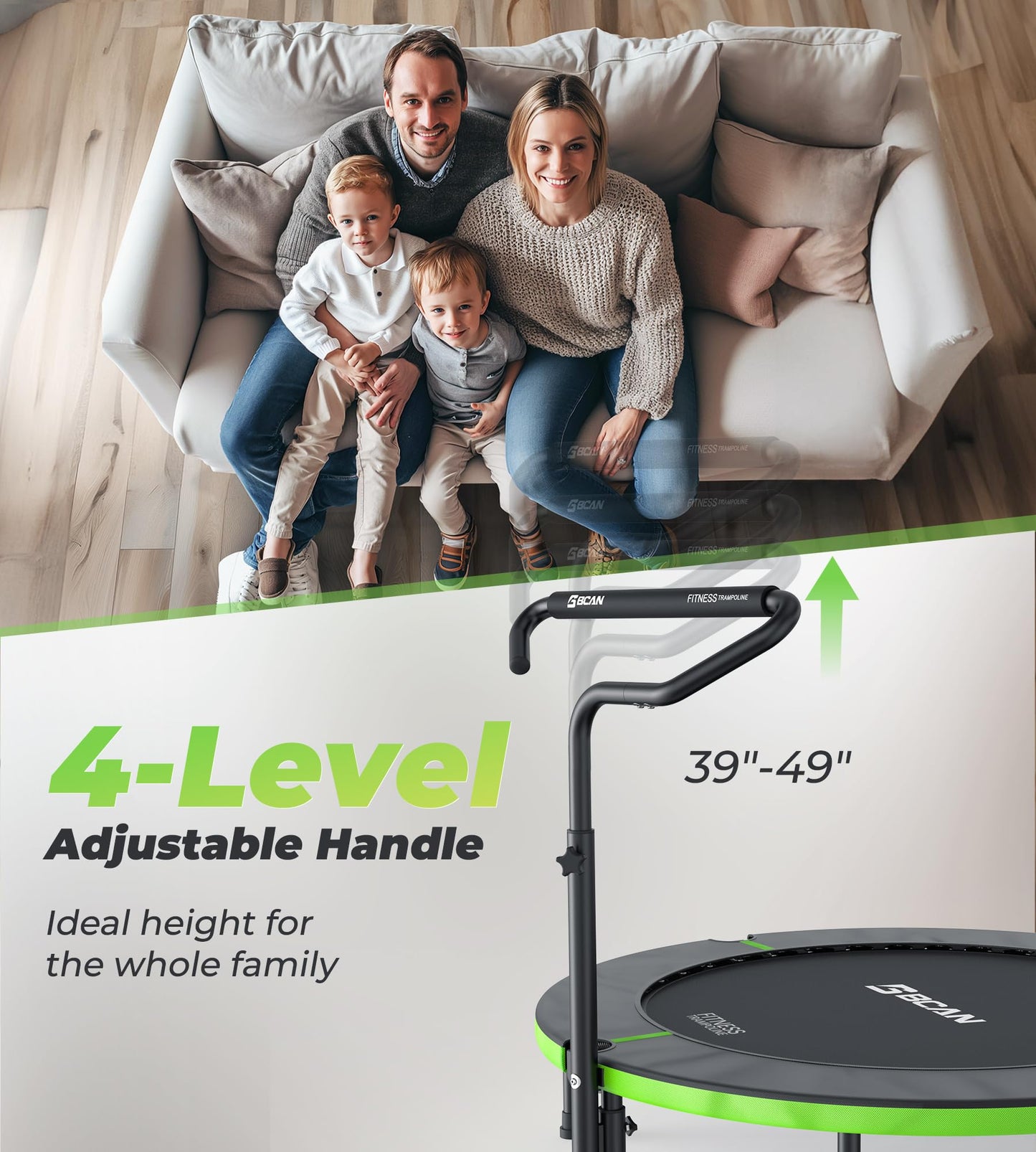 BCAN 40"/48" Foldable Mini Trampoline, Rebounder Trampoline for Adults, U/T Shape Adjustable Foam Handle, Exercise Rebounder for Kids Adults Indoor/Garden Workout, Max Load 330lbs/440lbs