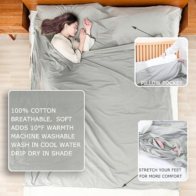 100% Cotton Sleeping Bag Liner with Full Length Zipper on 3 Sides; Single/Double Adult Sleep Sack for Travel & Camping, Multifunctional Travel Sheets (Unzipped 87”x87”) for Hotel, Lightweight