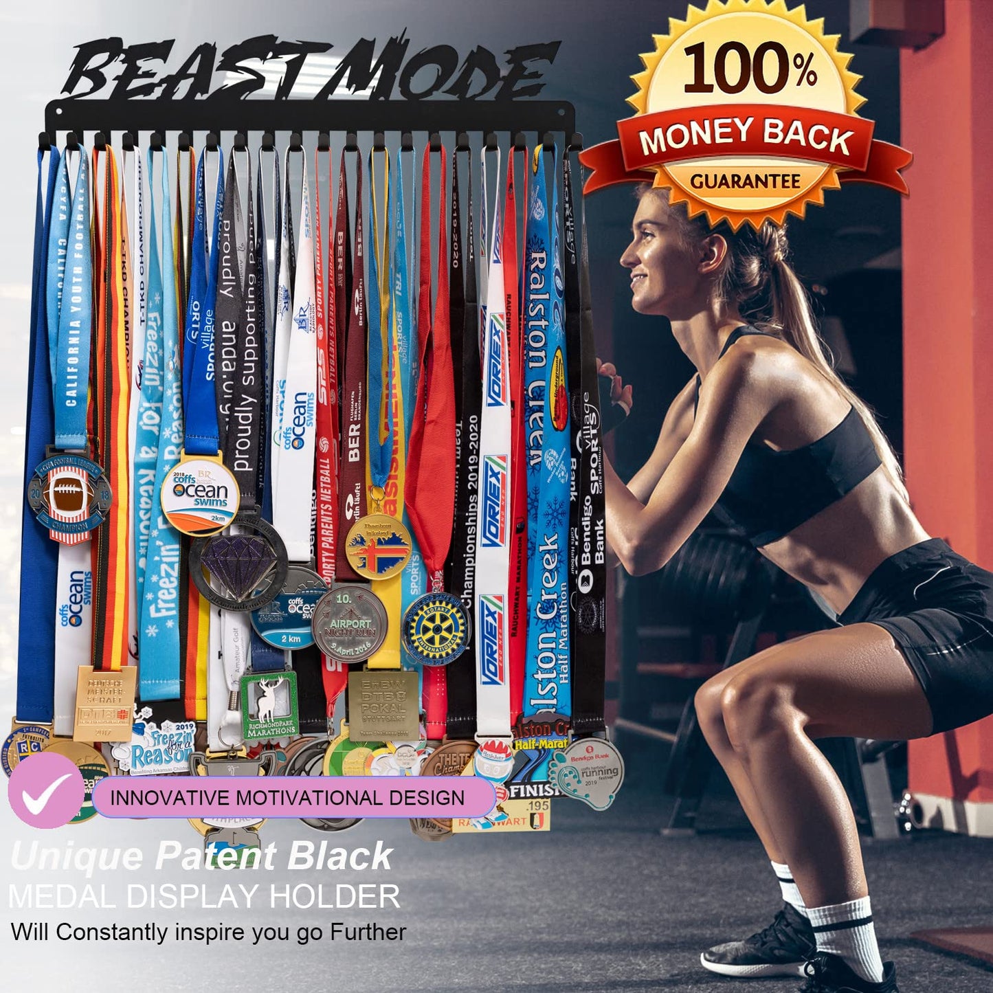 Lapetale Fashion Beast Mode Sports Race Medal Holder Hanger Display Rack Award Ribbon Organizer for Race,Running,Soccer,Gymnastic,Wrestling,Upgraded Extension Hooks Easy Install Easy to Use