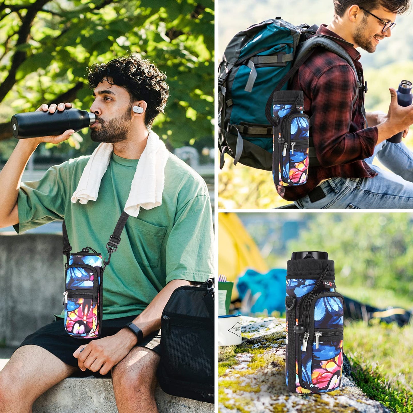AUPET Water Bottle Sling Bag Sleeve Holder Carrier 25/32/40/64 oz,Insulated Crossbody Water Bottle Case Cover with Strap and Pockets for Men/Women Walking Hiking Camping (25oz, colorful butterfly)