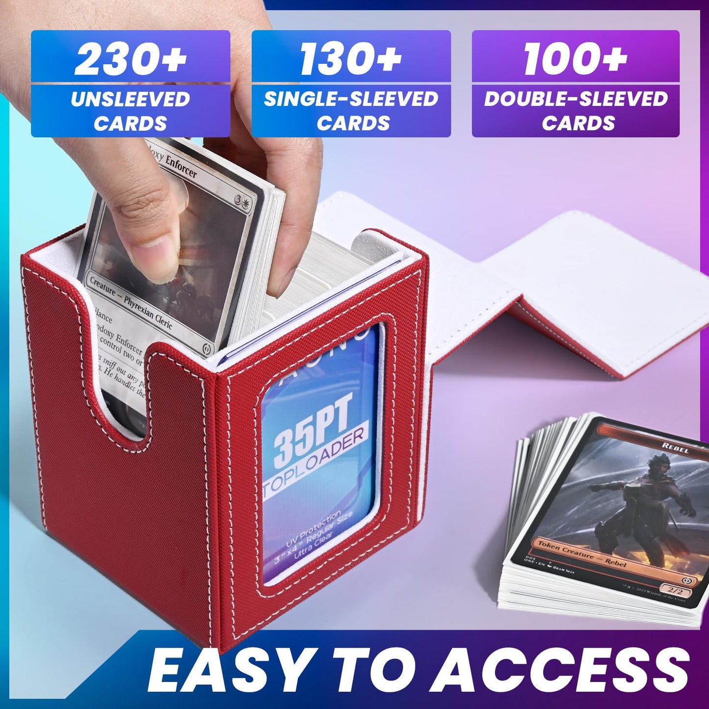 UAONO Card Deck Box with MTG Commander Display, Patented Design Card Deck Case Holds 100+ Double-Sleeved Cards, PU Leather Cards Storage Box For TCG with 2 Dividers, 1 Toploader (Red&White)