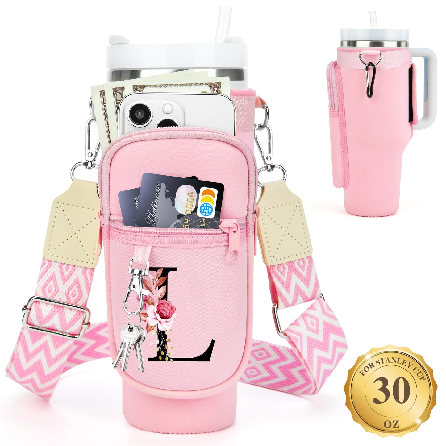 LOKASS Initial Water Bottle Holder with Upgrade Canvas Strap for Stanley 30 oz Tumbler, Gift for Mom Mother's Day Day gifts with Phone Pocket, Personalized Accessories for Stanley Cup, Pink - L