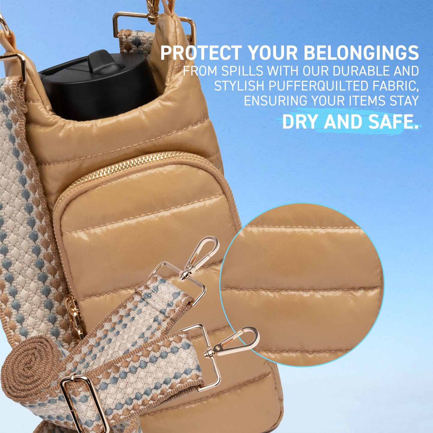 WanderFull Original Crossbody HydroBag | Quilted Water Bottle Carrier | Puffer Tote Tumbler Holder with Pockets for Purse, Phone & Accessories | Carry Travel Essentials (Camel Glossy/Patterned Strap)