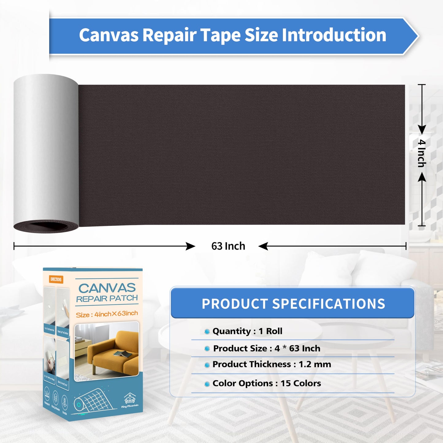KING MOUNTAIN Canvas Repair Tape,Outdoor Gear Patch, 4×63 Inches,Waterproof,Self-Adhesive for Repairing Boat Covers,Sun Shades,Sofas,Tents,Lounge Chairs,Awnings (Coffee)