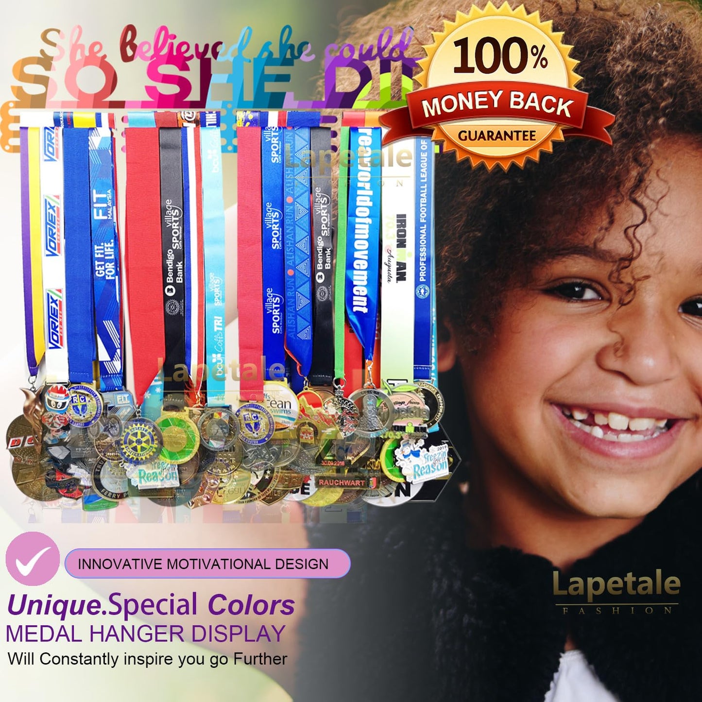 Lapetale Fashion Medal Hanger Holder Display Wall Rack Frame Shelf in 16" long-Medal Hanger Awards Ribbon Cheer,gymnastics,soccer,softball Holder Display Custom Rack for Sports Medals Easy to Install
