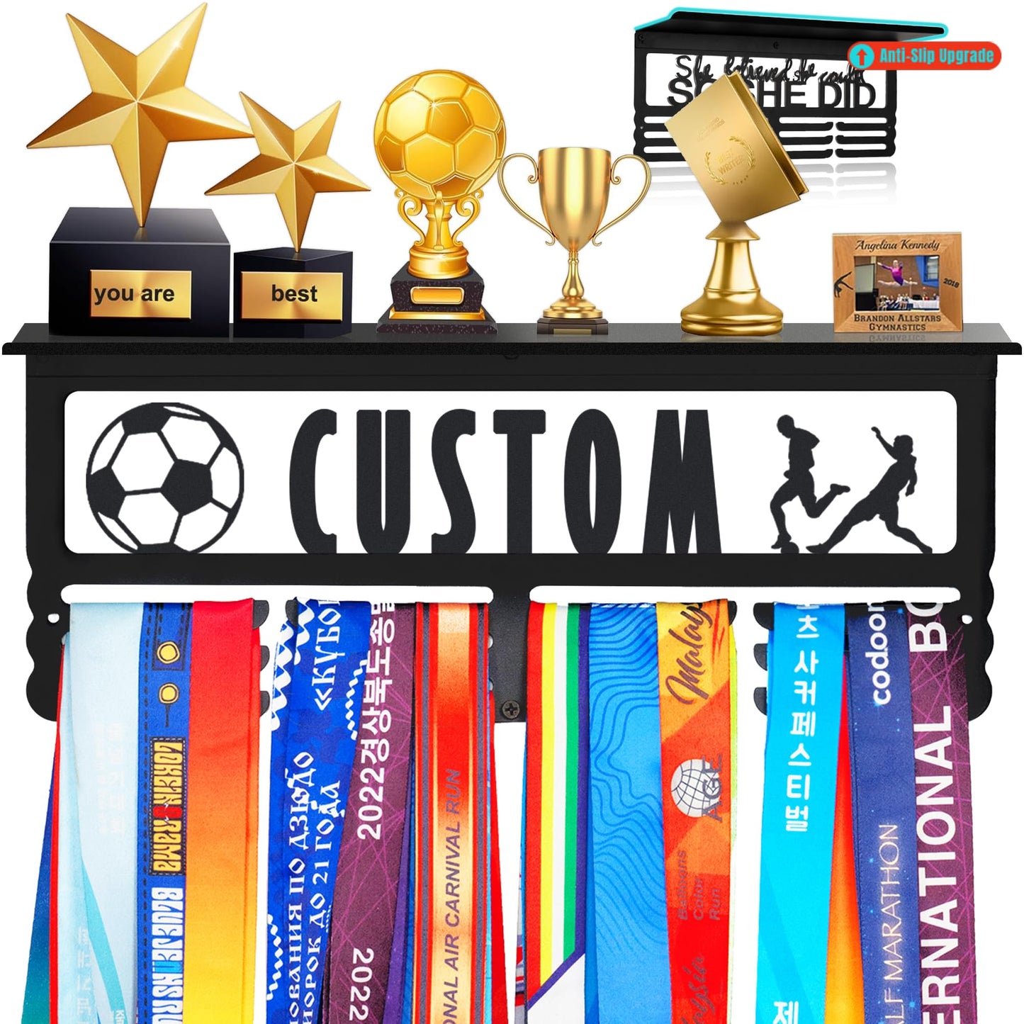 Goutoports Personalized Medal Hanger with Trophy Shelf and Custom Name Display Rack for Awards Ribbons and Trophies - Metal Holders - Holds Up to 60 Medals and Trophies - Gift for Athlete Sport Fan
