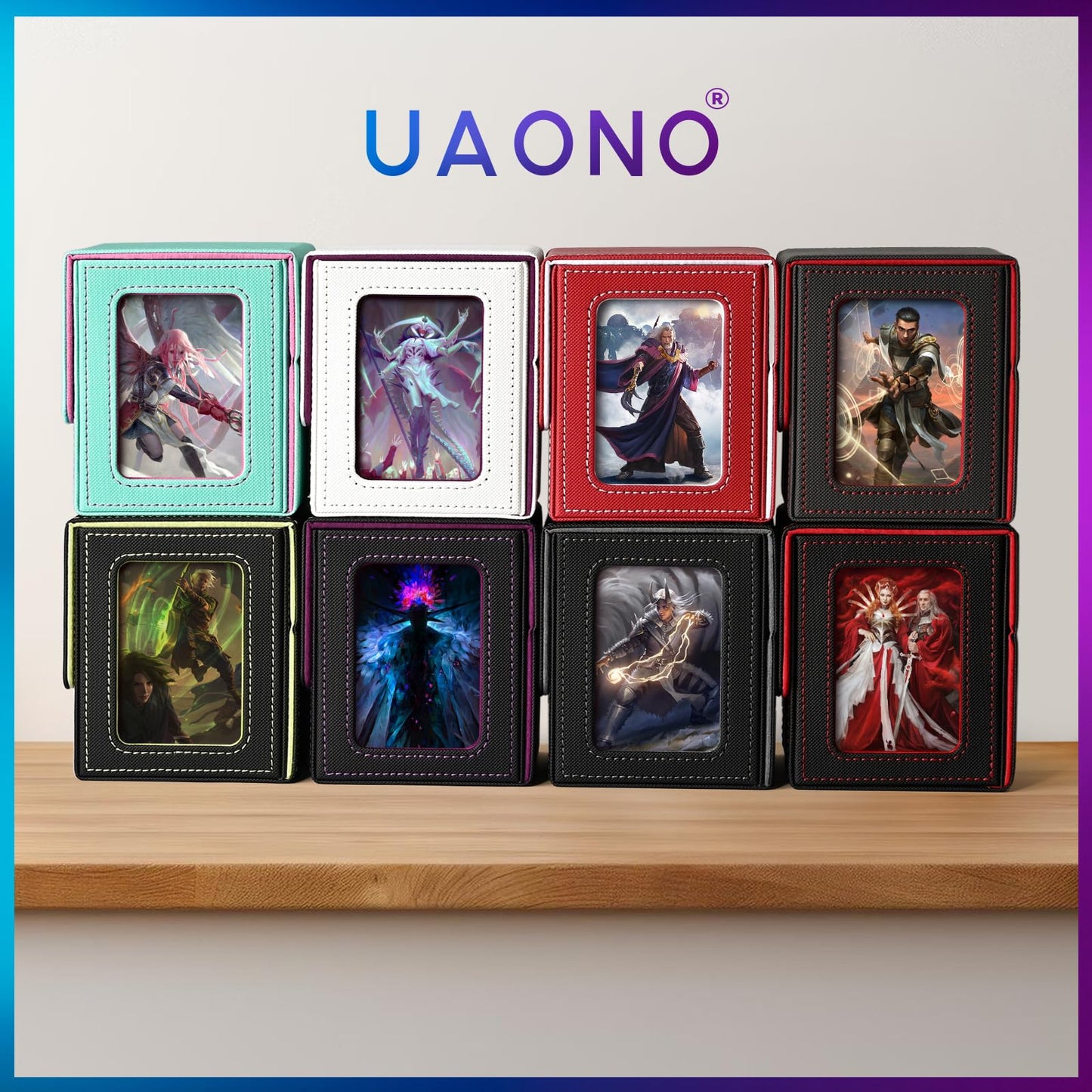 UAONO Card Deck Box with MTG Commander Display, Patented Design Card Deck Case Holds 100+ Double-Sleeved Cards, PU Leather Cards Storage Box For TCG with 2 Dividers, 1 Toploader (Red&White)