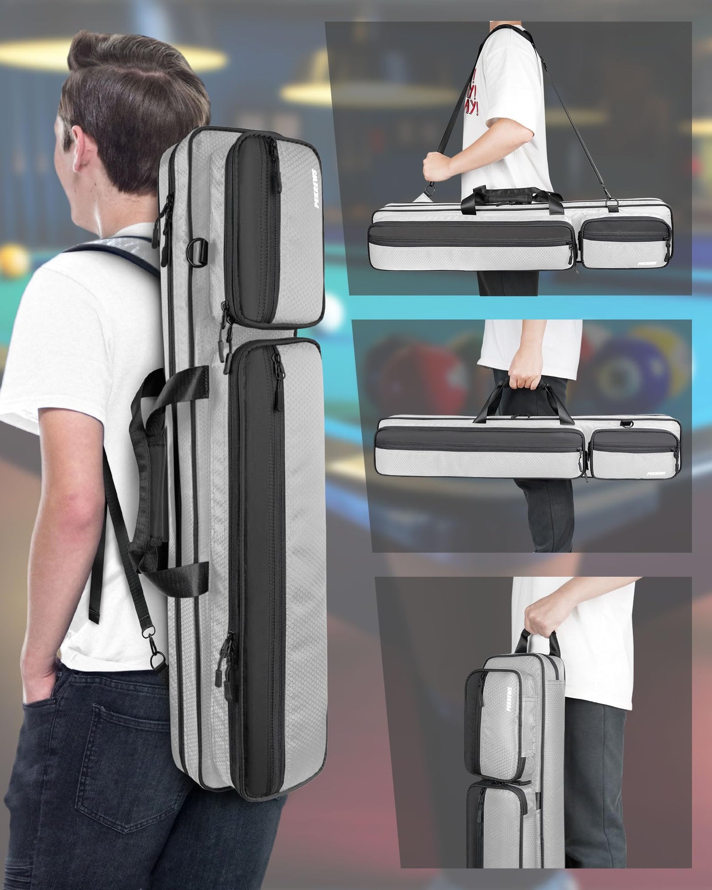 PEKREWS Pool Cue Case 4x5, Pool Stick Case with Multiple Pockets Holds 4 Butts 5 Shafts, Soft Padded Sturdy Pool Cue Bag, Billiard Cue Backpack with Adjustable Shoulder Straps for Men and Women