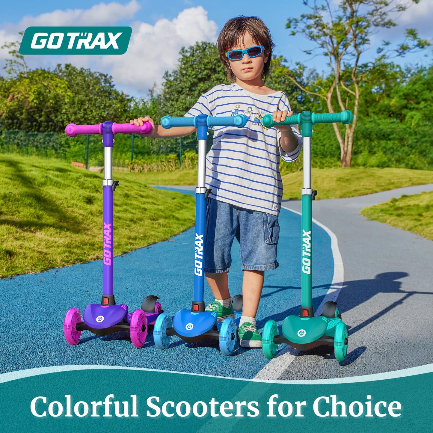 Gotrax KS1 Kids Kick Scooter, LED Lighted Wheels and 3 Adjustable Height Handlebars, Lean-to-Steer & Widen Anti-Slip Deck, 3 Wheel Scooter for Boys & Girls Ages 2-8 and up to 100 Lbs (Blue)