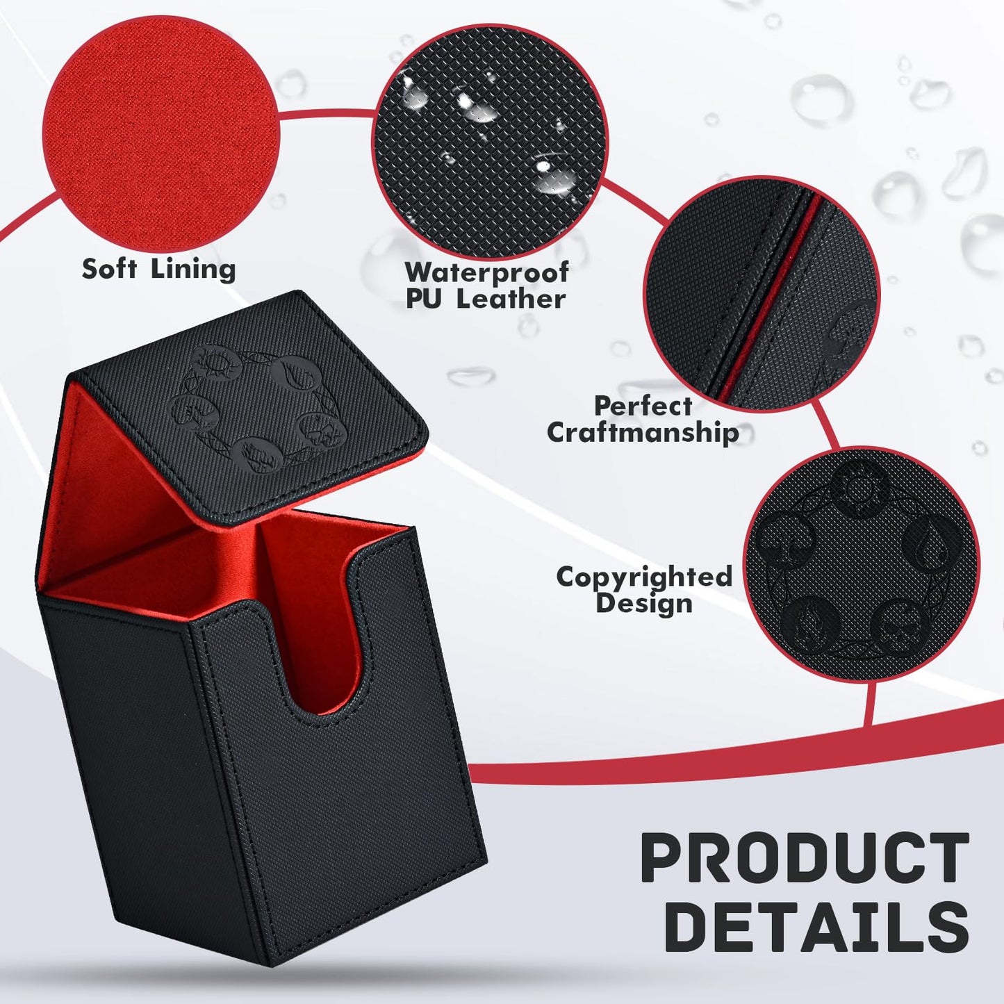 ZLCA Card Deck Box for Trading Cards with 2 Dividers, Card Storage Box Fits 100+ Single Sleeved Cards, PU Leather Strong Magnet Card Deck Case Holder for Magic Commander TCG CCG (Black&Red)
