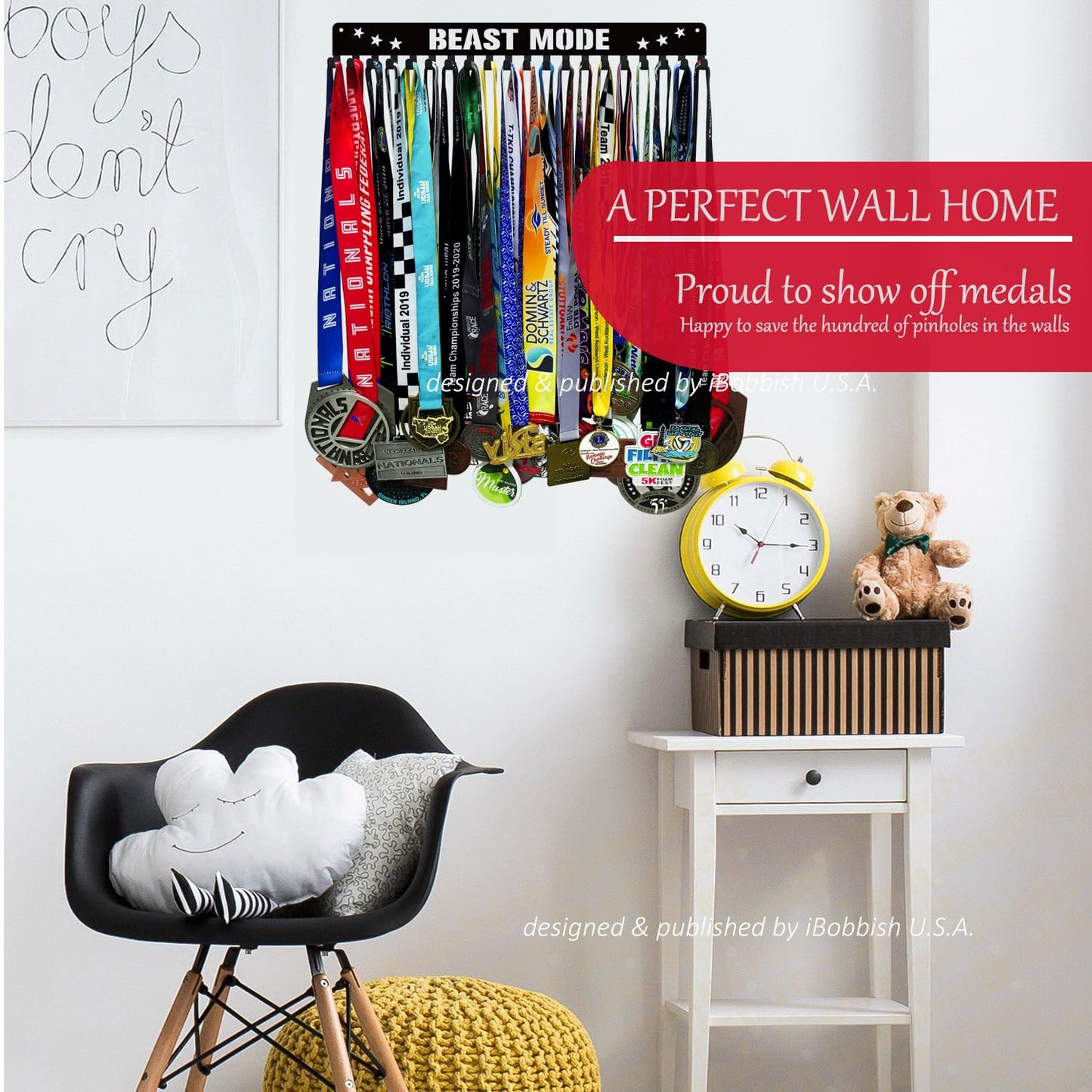 iBobbish Premium Medal Hanger Display BEAST MODE with 20 Hooks,Medal Hanger Display for Wall with 16inchL,race medal display Upgraded Medal Holder display for Wall Wrest,gymanstics,race,soccer,swim