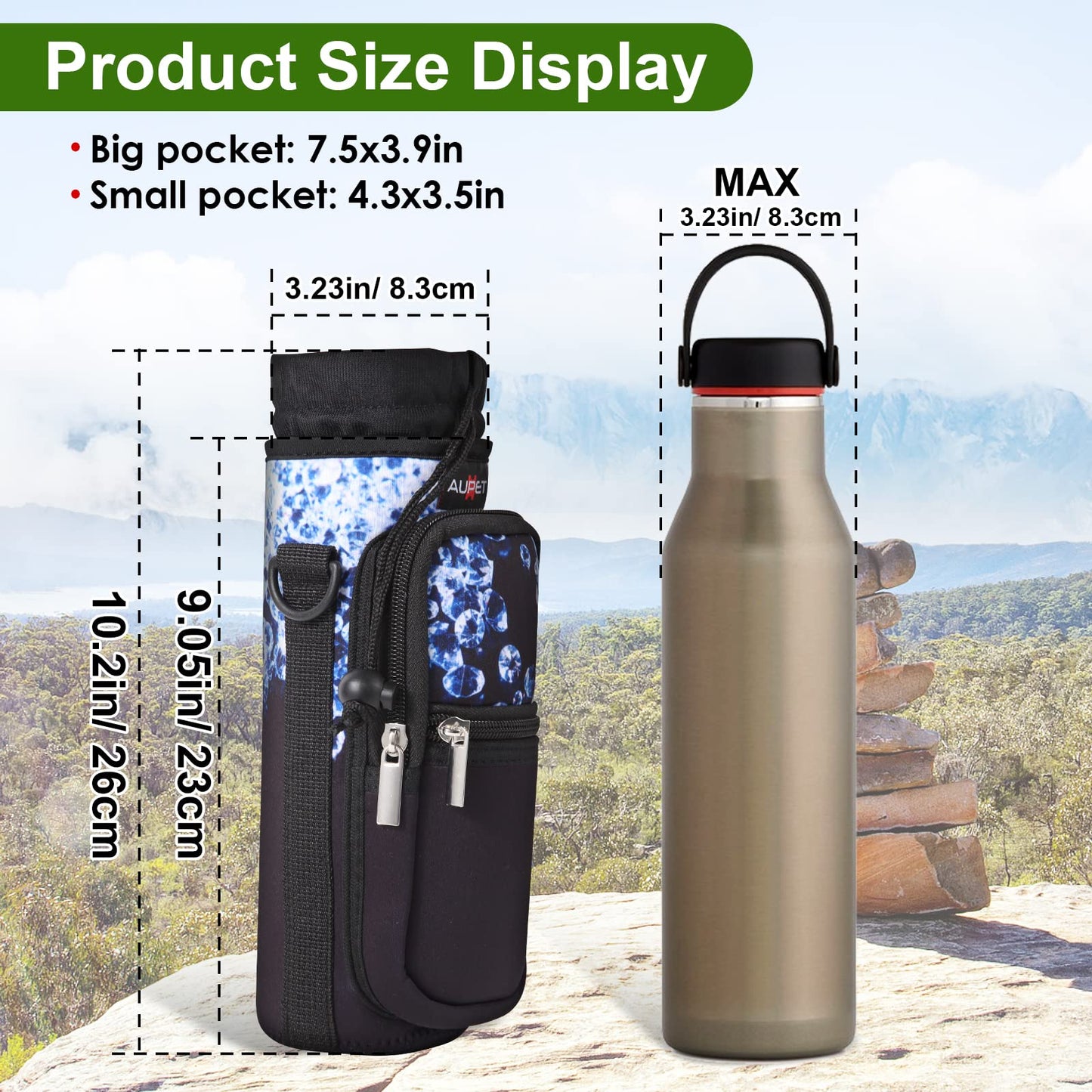 AUPET Water Bottle Sling Bag Sleeve Holder Carrier 25/32/40/64 oz,Insulated Crossbody Water Bottle Case Cover with Strap and Pockets for Men/Women Walking Hiking Camping (25oz, shinning Diamonds)