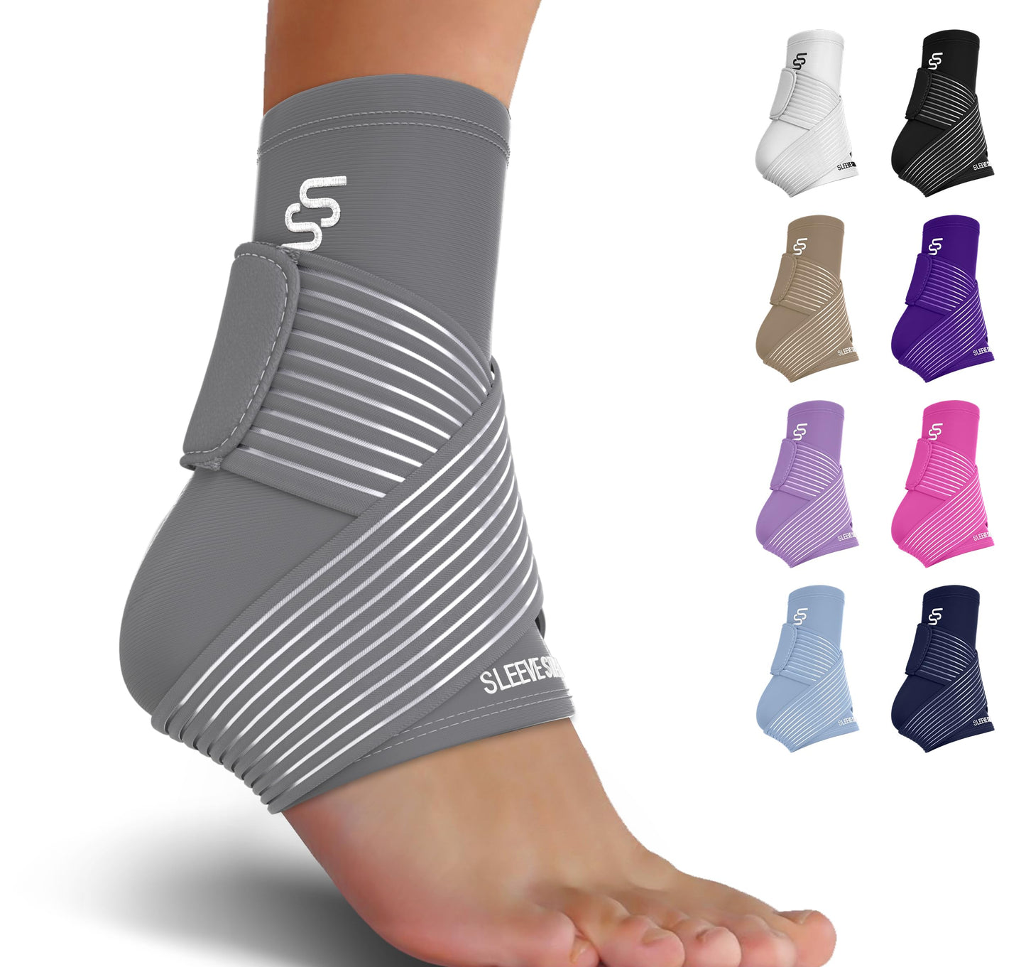 Sleeve Stars Ankle Brace for Sprained Ankle, Plantar Fasciitis Relief Achilles Tendonitis Brace, Ankle Support for Women & Men with Strap, Heel Protector Wrap for Pain & Compression (Single/Gray)