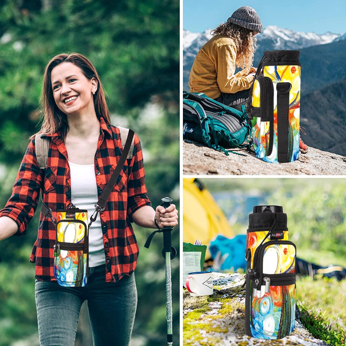 AUPET Water Bottle Sling Bag Sleeve Holder Carrier 25/32/40/64 oz,Insulated Crossbody Water Bottle Case Cover with Strap and Pockets for Men/Women Walking Hiking Camping (25oz, colorful tree)