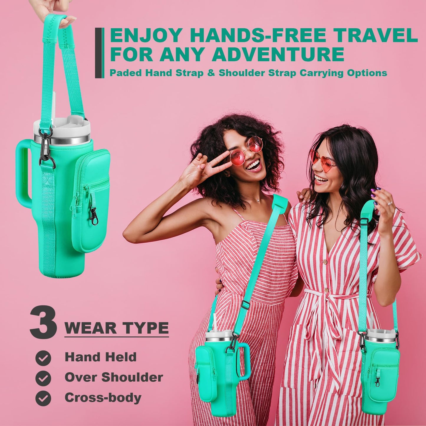 BULKITEM 30oz Water Bottle Carrier Bag with Phone Pocket for Green Stanley 30 oz Tumbler with Handle, Green Insulated Neoprene Cup Holder Pouch Strap for Valentines Stanley Cup Accessories