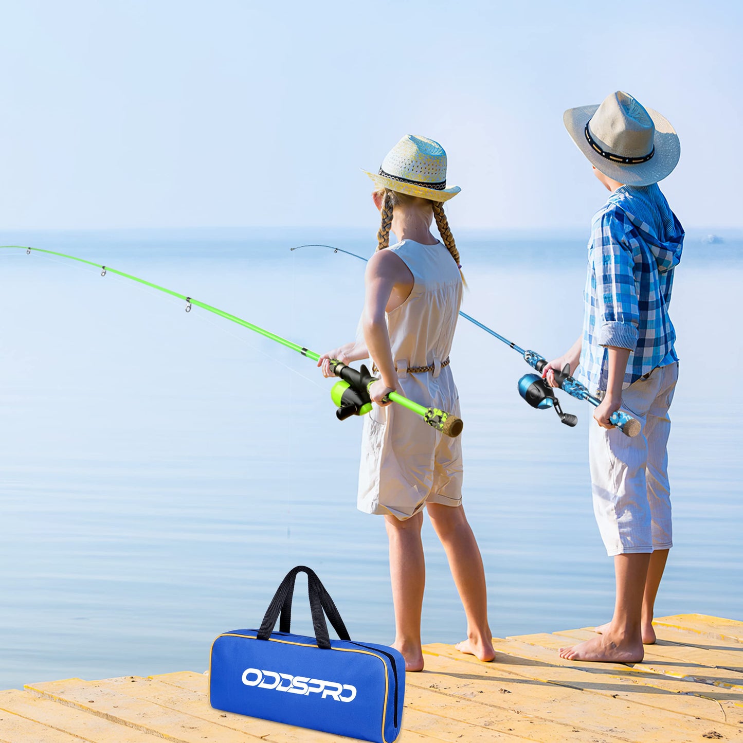 ODDSPRO Kids Fishing Pole - Kids Fishing Starter Kit - with Tackle Box, Reel, Practice Plug, Beginner's Guide and Travel Bag for Boys, Girls (2 pack (Blue+Green), 1.5M 4.92Ft)